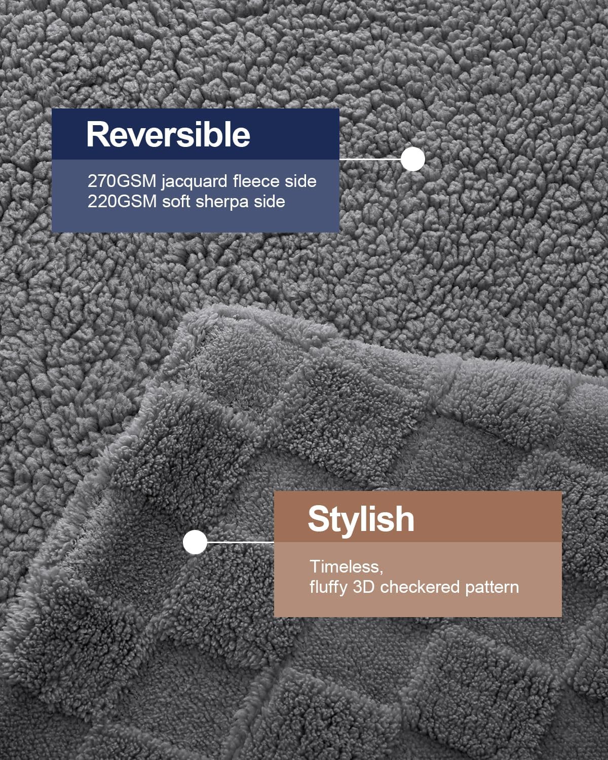 Pawque Super Soft Cozy Throw Blanket King Size for Couch Bed, Fluffy Sherpa Fleece Reversible Thick Warm Fuzzy Blanket for All-Season, 3D Checkered Jacquard Decorative Blankets, Grey, 108"x90"