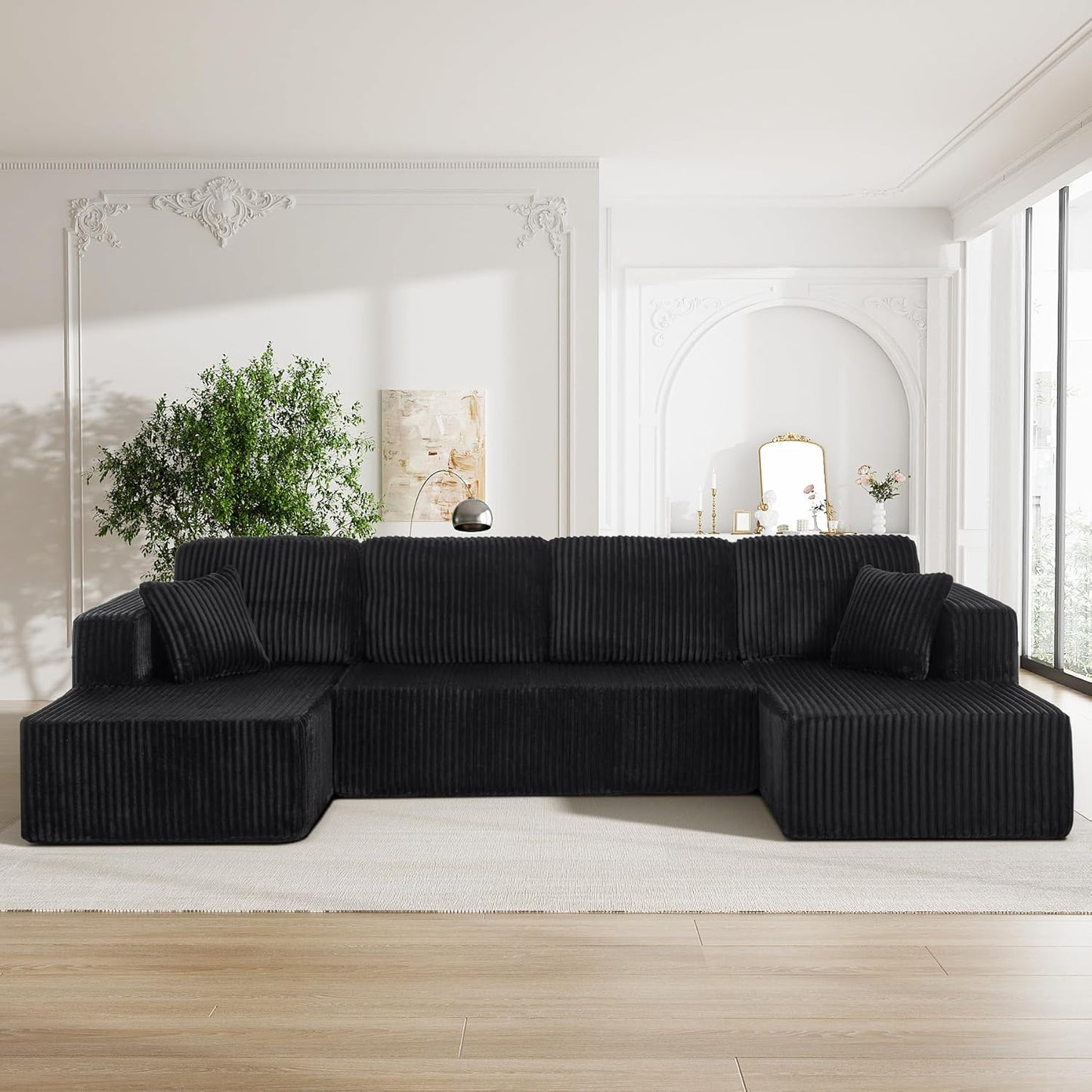 HYJT-H&K Modular Sectional Sofa Cloud Secttional Couch, 132" Comfy U Shaped Couches for Living Room, Deep Seat Memory Foam Fluffy Plush Corduroy Boneless Couch Sectionals with Chaise, Black