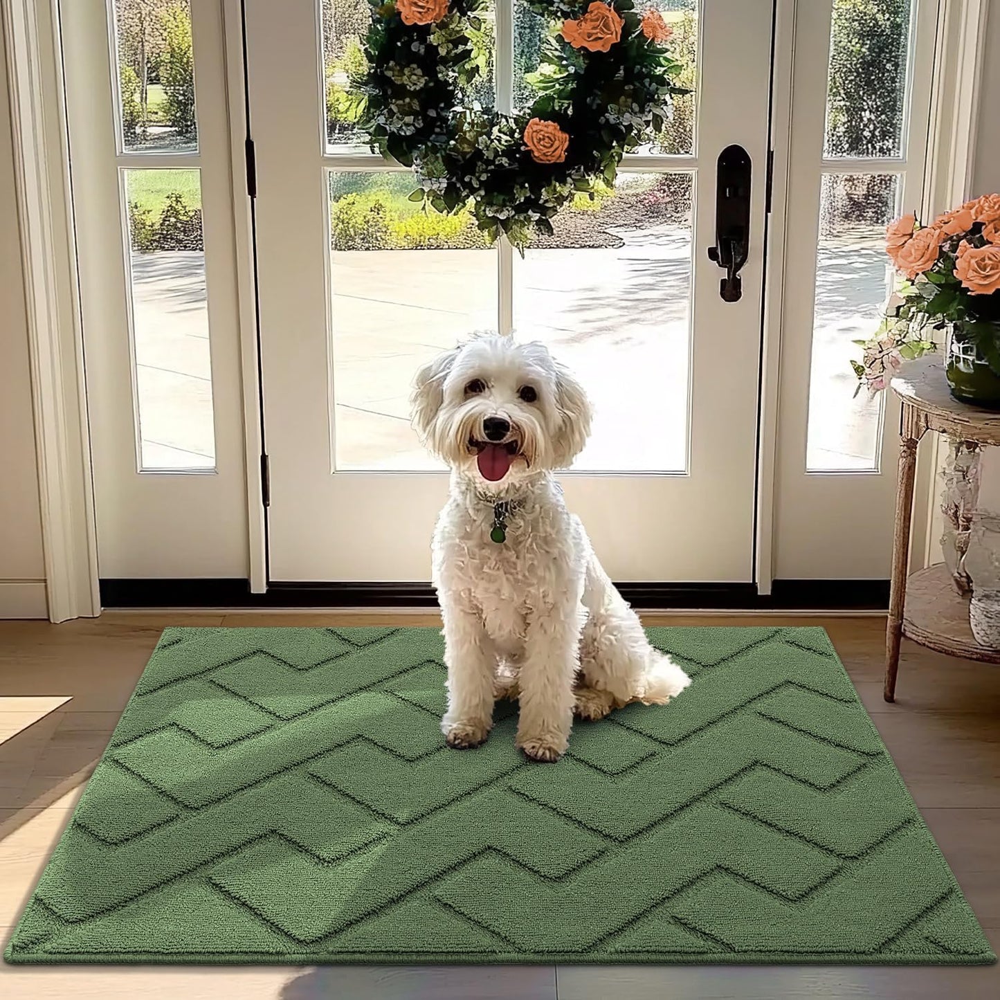 hicorfe Front Door Mat Outside Entrance,32"x40" Absorbent Muddy Dirt Resist Welcome Door Mats Outdoor Indoor,Stain and Fade Resistant,Non Slip Backing Entry Mat Doormat for Entryway(Green)
