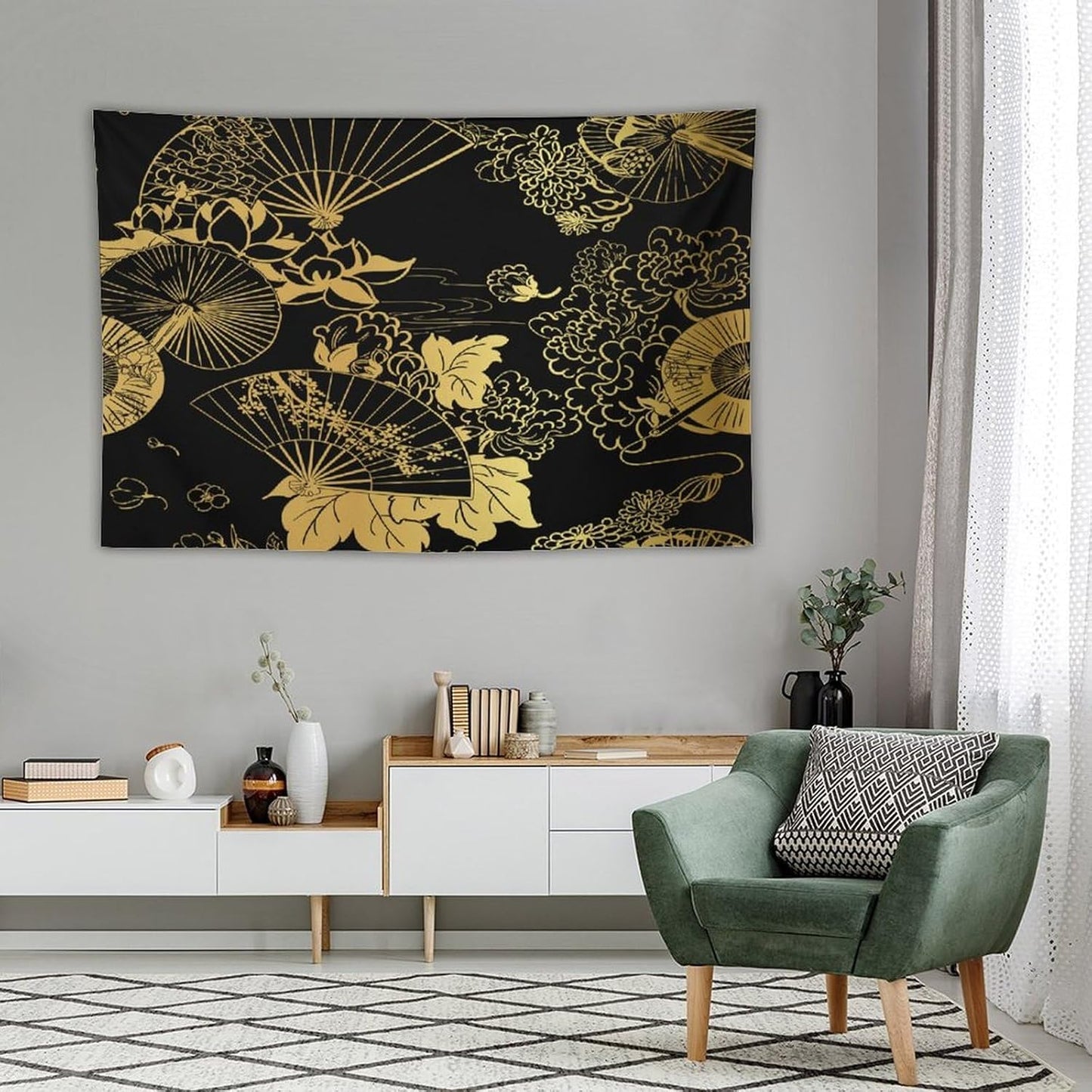 HZOHNAGO Japanese Tapestry Gold Flowers Umbrella Fan Pattern Printed Wall Tapestry Painting Wall Hanging for Bedroom Living Room Dorm 60" W x 40" H