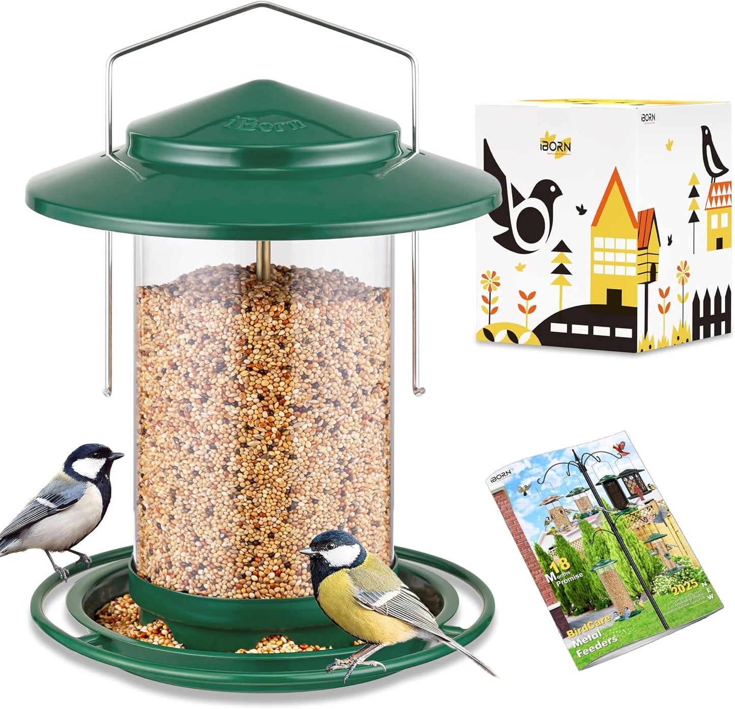 iBorn Metal Bird Feeders for Outdoors Hanging,Wild Bird Feeders for Cardinal,18cm Large Roof&Tray New Green 6 Port (Seed is not Included)
