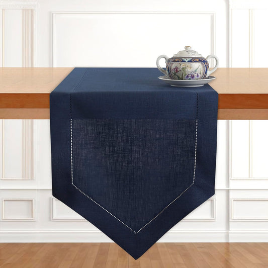 D'Moksha Homes Navy Blue Linen Table Runner 120 Inches Long - 100% Pure Linen Diamond Table Runner 14 x 120 Inch for Dining, Fall and Halloween - Machine Washable