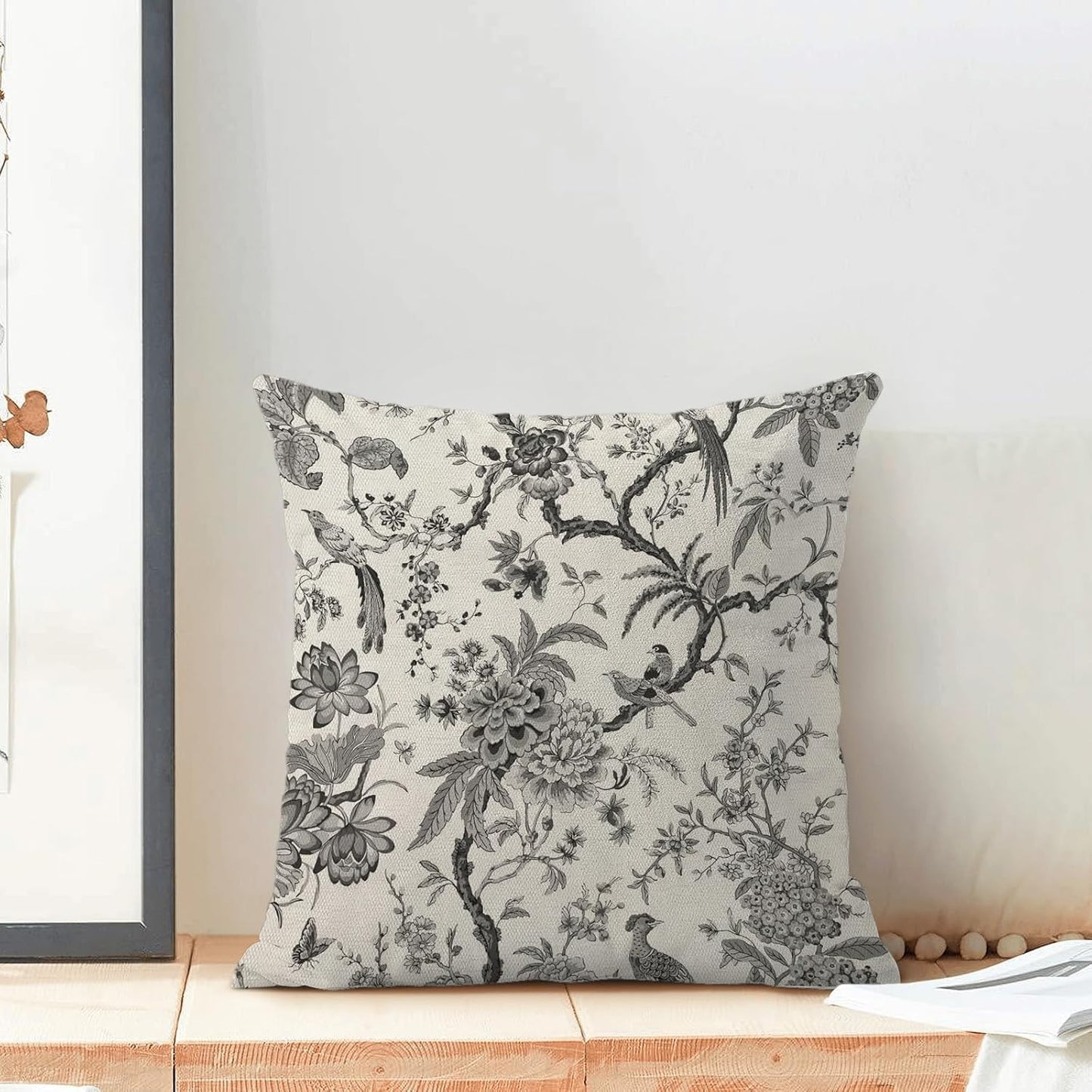 CXMEIFLY Spring Floral Birds Pillow Covers 20 x 20 Inch Set of 2 for Chinoiserie Flowers Decor Throw Pillows Black and White Plant Outdoor Decorative Cushion Cases for Couch Bed Decorations