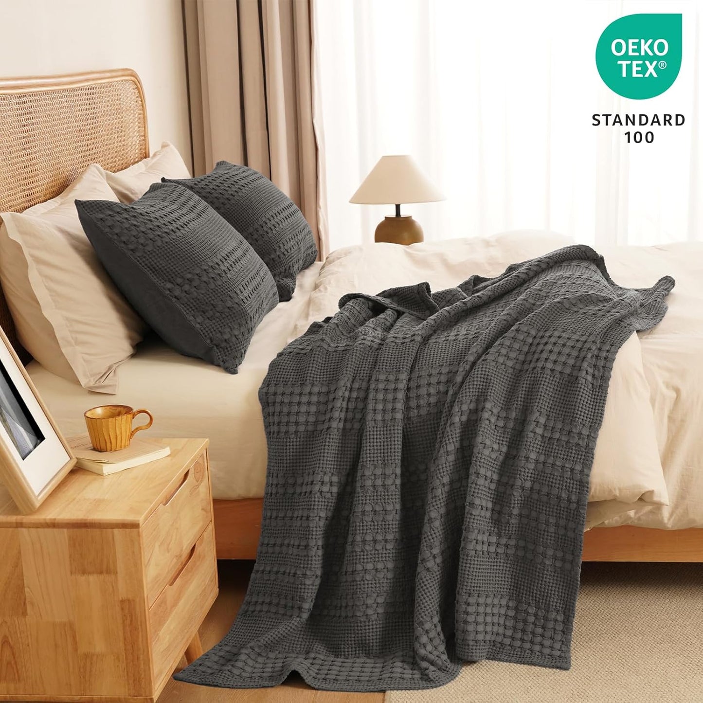 PHF 100% Cotton Waffle Weave Throw Blanket, Soft Lightweight Breathable Cozy Summer Throws for Couch Bed Sofa, Luxury Aesthetic Woven Blanket for Home Decor & Office, 50"x60", Charcoal Grey