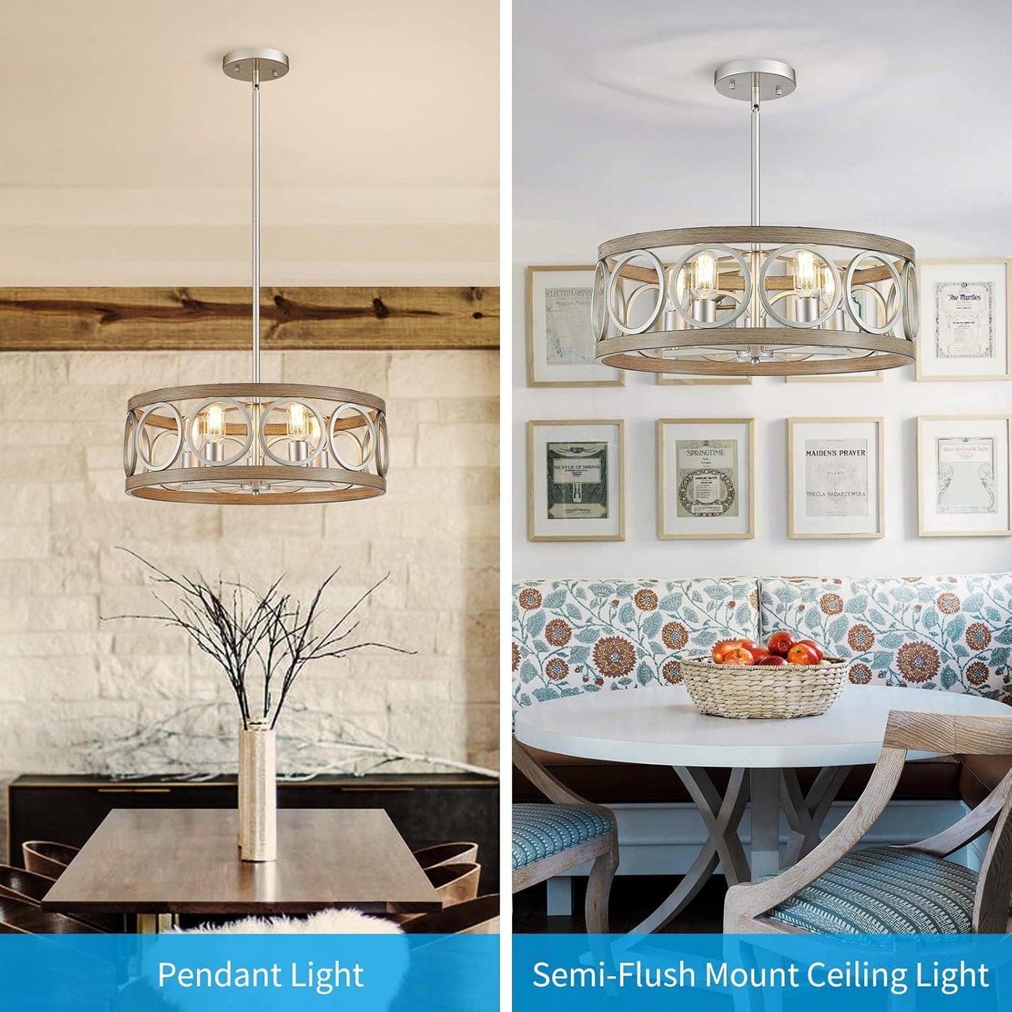 XINGQI 21.7'' Modern Farmhouse Chandelier Drum Pendant Lighting Fixture Hanging Ceiling Lamp for Living Dining Room Over Table, 5 Lights Antique Wood Grain Brushed Nickel with Round Metal