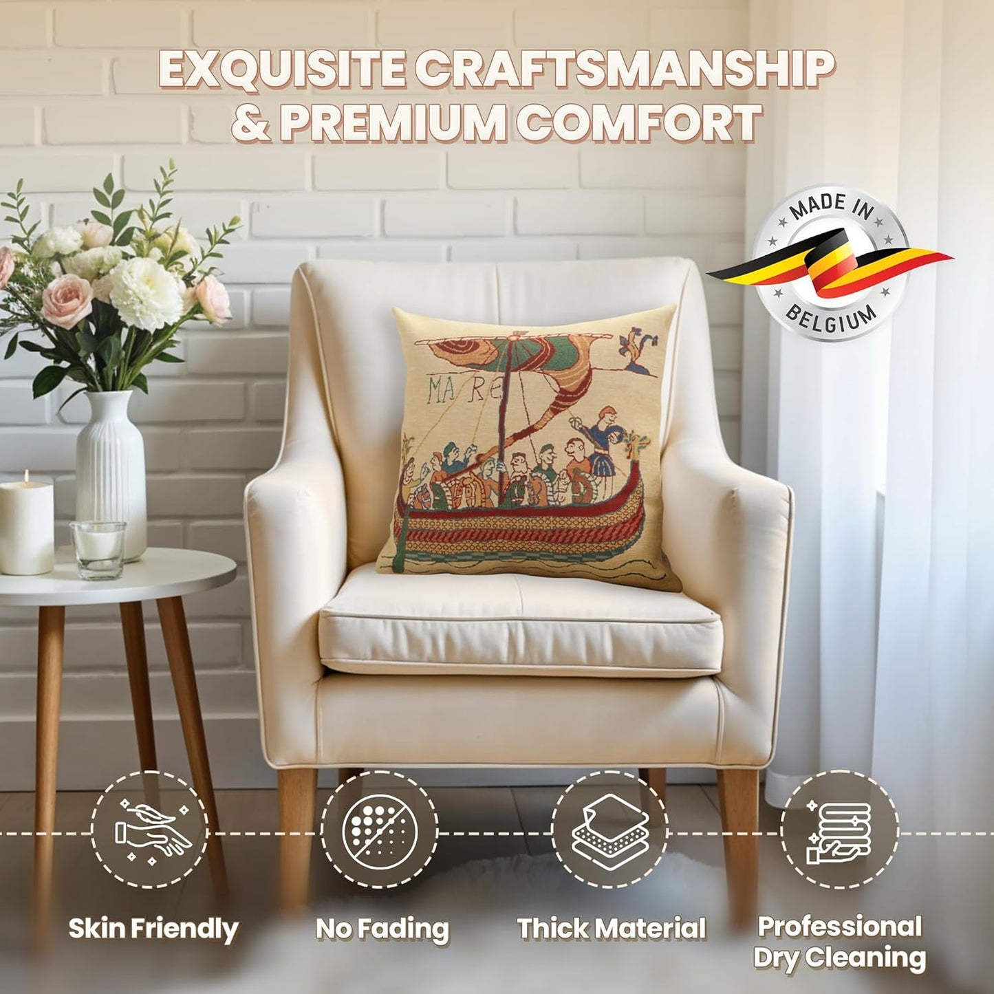 Charlotte Home Furnishings Bayeux Mare Throw Pillow Cover 16" x 16" – Medieval Ship Decorative Tapestry Cushion Case for Sofa, Couch, & Bed | Cotton Jacquard Woven in Europe | Insert Not Included