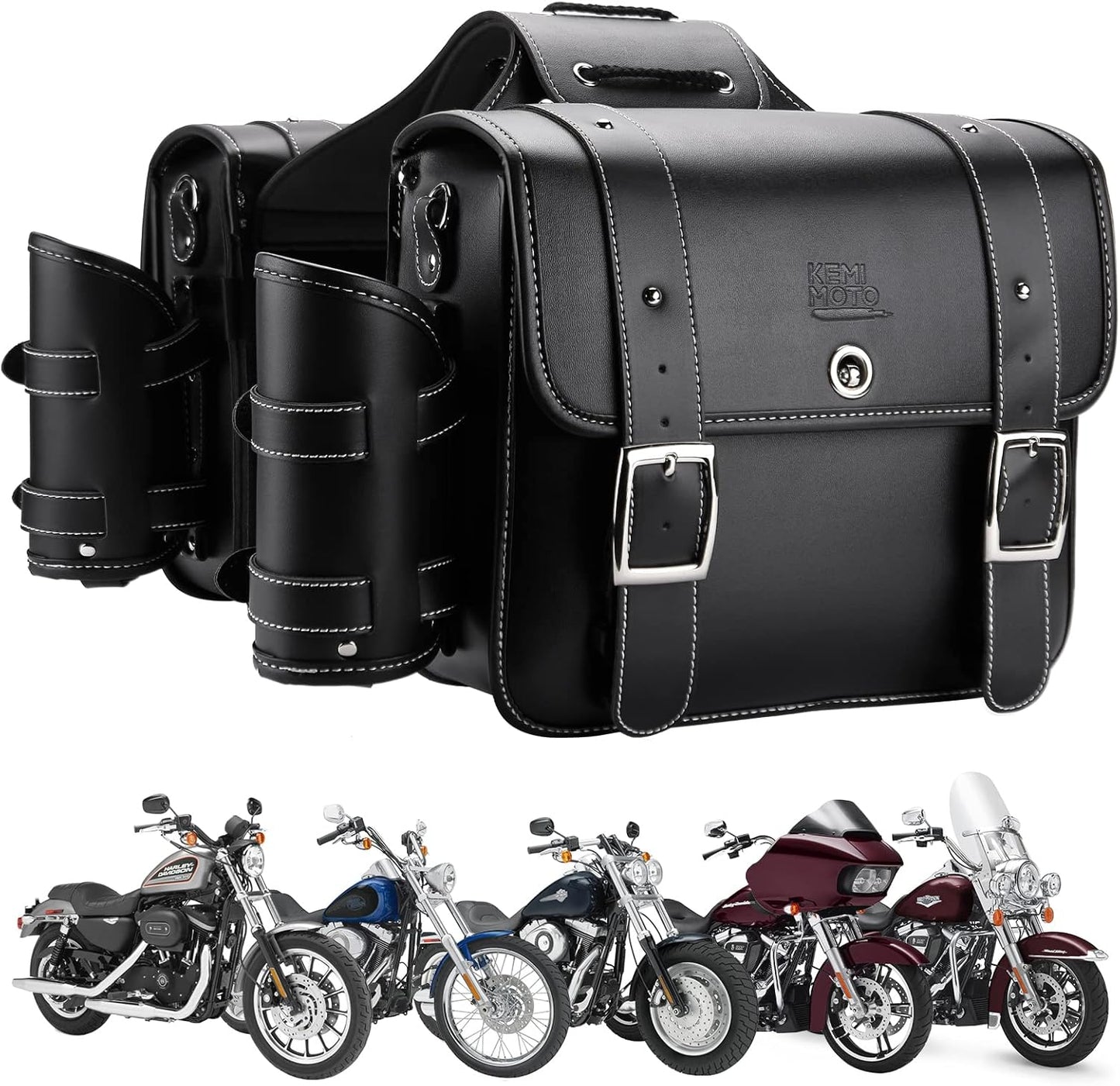 KEMIMOTO Motorcycle Saddlebags Throw Over Saddle bags 20L Faux Leather Side Luggage Bags with cup holder for Sportster Softail Dyna Rebel Shadow Universal Black