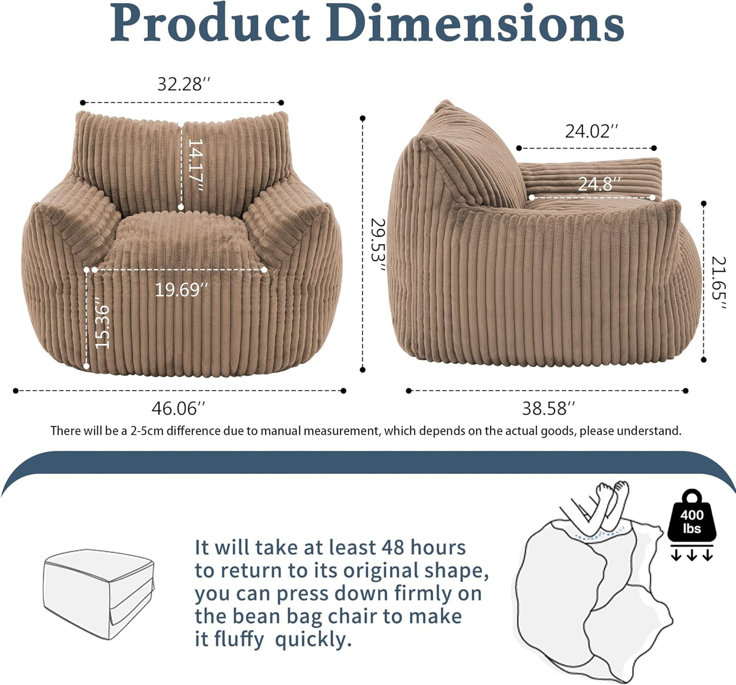 Giant Plush Bean Bag Chair for Adults with Armrests - Oversized Comfy Khaki Beanbag Lounge Lazy Floor Sofa Chair for Living Room, Bedroom & Dorm, Cozy Fluffy Single Cloud Mini Couch