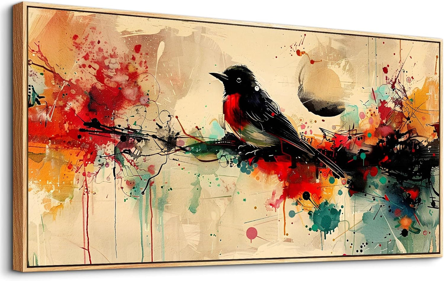 hyidecorart Wood Framed Wall Art For Living Room Large Wall Decor For Bedroom Office Home Wall Decor Pictures Posters Artwork Abstract Watercolor Bird Painting Hotel Canvas Art Room Decoration