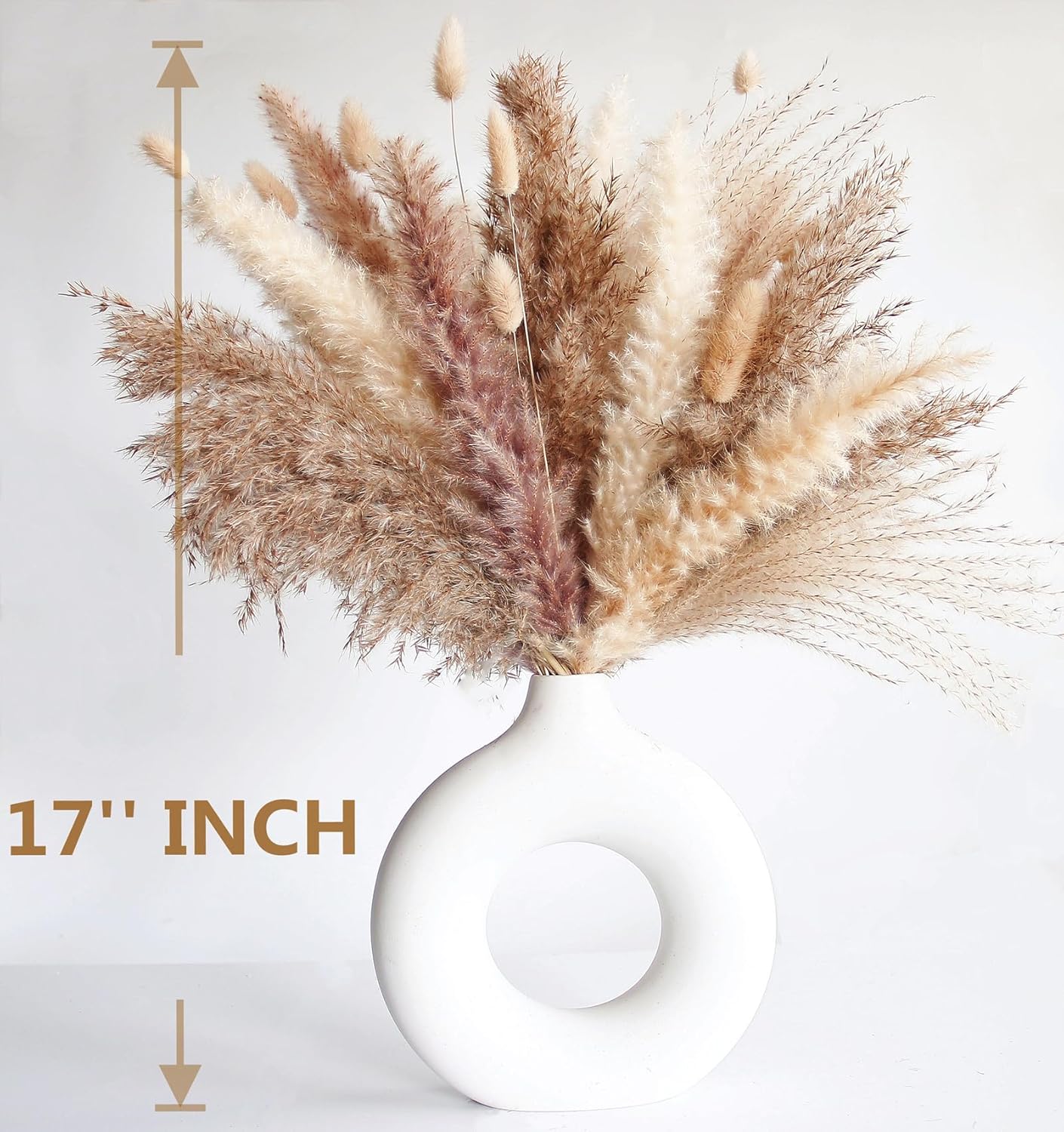 Dried Pampas Grass Decor, 120 PCS Pampas Grass with Bunny Tails Dried Flowers, Reed Grass Bouquet for Wedding, Boho Flowers, Home Table Decor, Rustic Farmhouse Party (White and Brown)