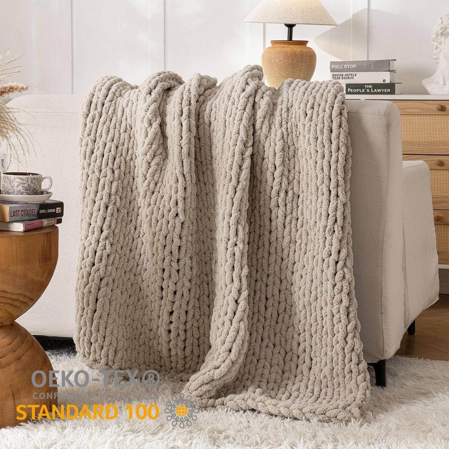 Chunky Knit Blanket Throw, 100% Hand Knit Throw Blanket Handmade Chenille Cable Knit Throw for Couch, Stylish Cozy Soft Rope Knot Crochet Blanket for Home Decor, Beige Linen, 60x80 Inches
