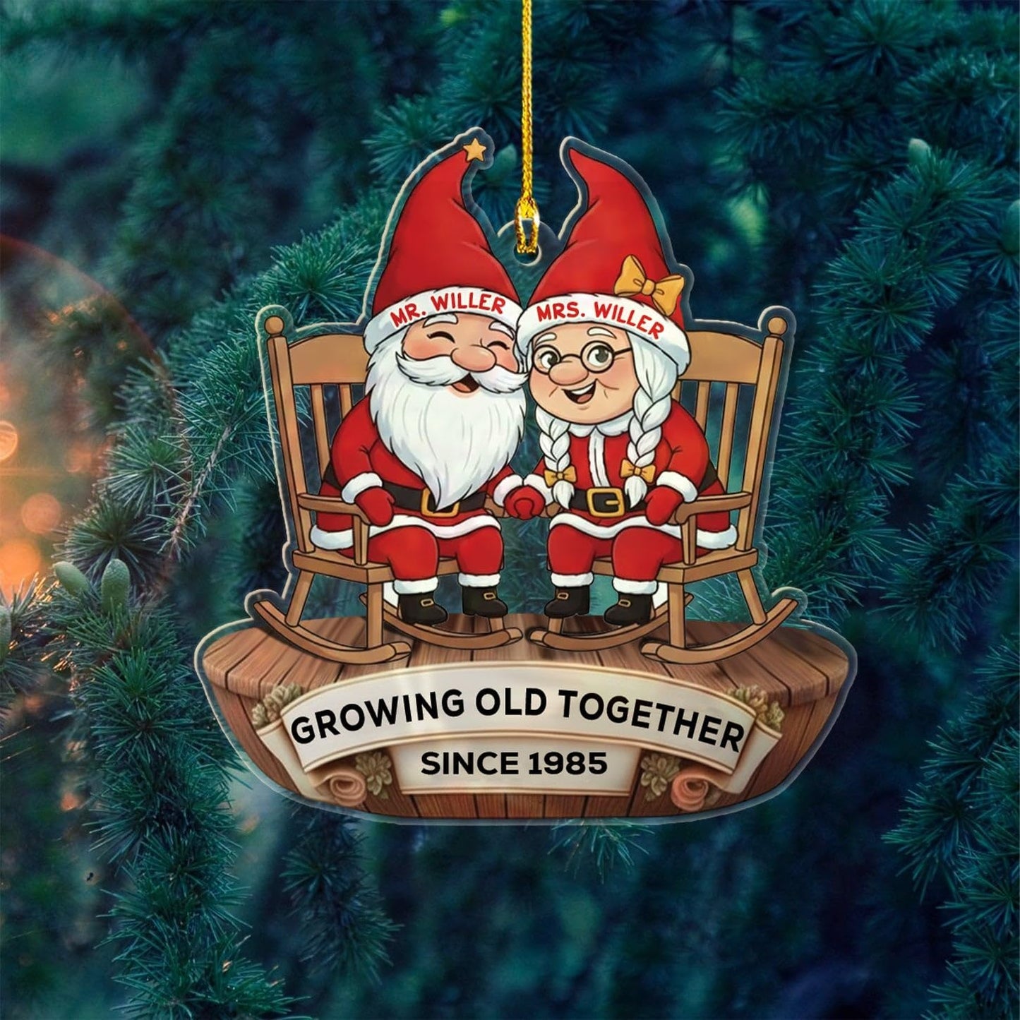 Customized Old Couple Gnome Sitting On Rocking Chairs Growing Old Together Christmas Ornament 2025, Personalized Text Shaped Xmas Ornament Gift for Mr Mrs Dad Mom/Grandparents, Anniversary Ornaments
