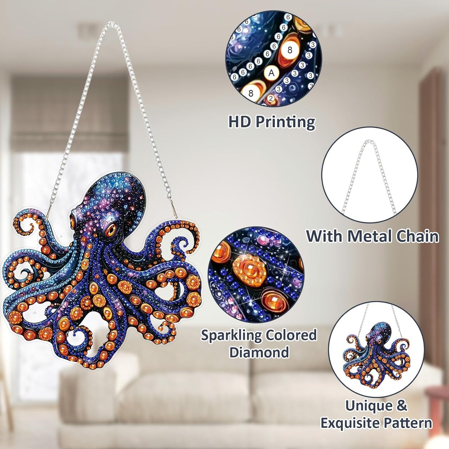 SENQAO Octopus Diamond Art Hanging Kit for Adult, Special Shaped Rhinestone, Double Sided DIY Acrylic Diamond Art Painting Window Pendants Home Garden Wall Hanging Kits Hanging Ornament
