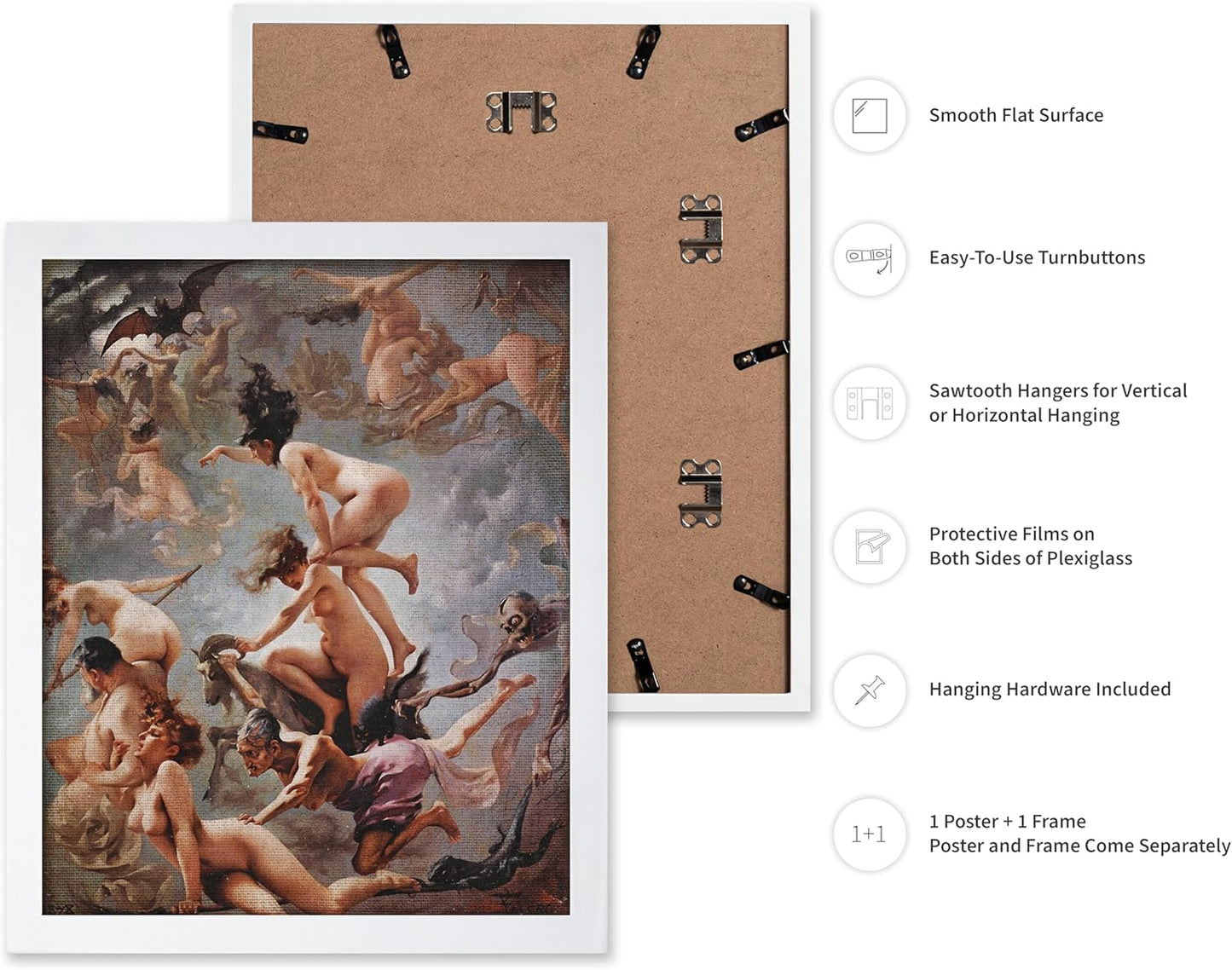 Poster Master Vintage Luis Ricardo Falero Poster - Retro Occult Print - Gift for Gothic, Horror Fan - Witches Going to their Sabbath, Pagan - Wall Decor for Bedroom, Dorm, 8x10 White Framed