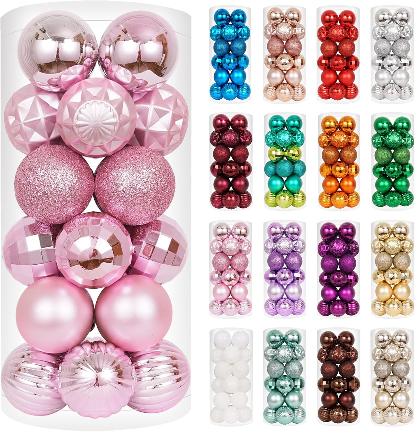 XmasExp 24ct Christmas Ball Ornaments Shatterproof Christmas Ornaments Set Decorations for Xmas Tree Balls 40mm/1.57” (1.57'', Pink)