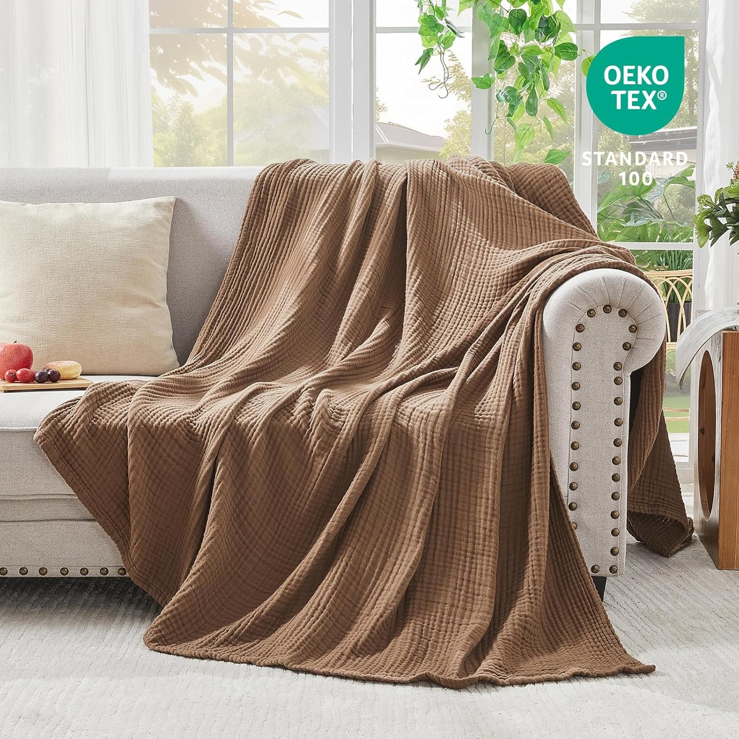 EMME Cotton Muslin Throw Blanket Couch Breathable Gauze Blanket Soft Lightweight Blankets Adults (Brown, 50"x60")