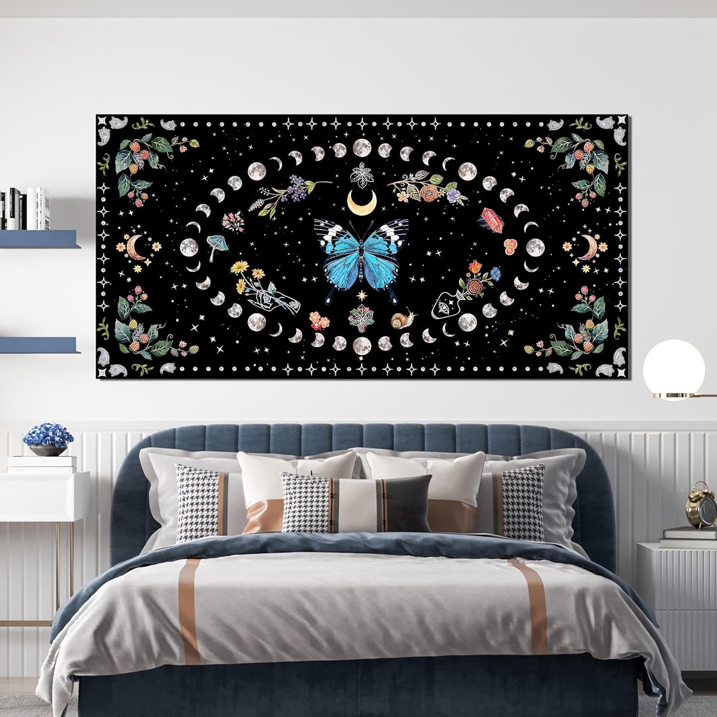 Large Canvas Wall Art Blue Boho Wall art Decor Canvas Art Wall Decor Wall Pictures for Living Room Vintage Butterfly Wall Art Moon Flower Prints Large Artwork for Walls Home Room Decor 29" X 58"