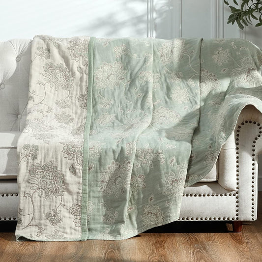 jinchan Boho 100% Cotton Muslin Twin Size 50x60 Inches Blanket Lightweight 4-Layer Quilted Soft Green and Beige Floral Throw Blanket Reversible Comfy Flower Breathable All Seasons Couch Bedroom Decor