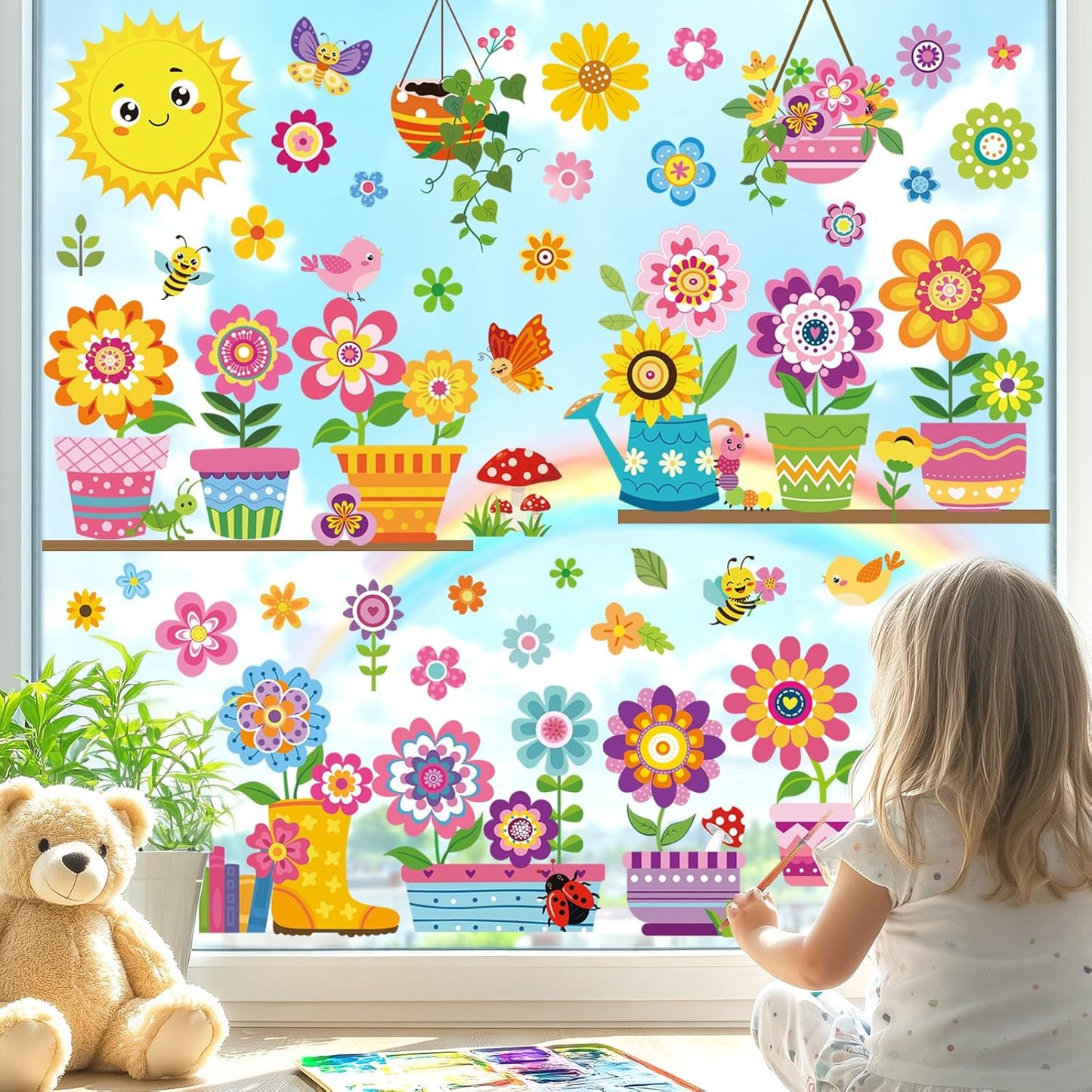 decalmile Spring Summer Kids Multicolor Flower Double Sided Window Clings Colorful Floral Garden Potted Sun Anti-Collision Glass Doors Window Stickers Decals