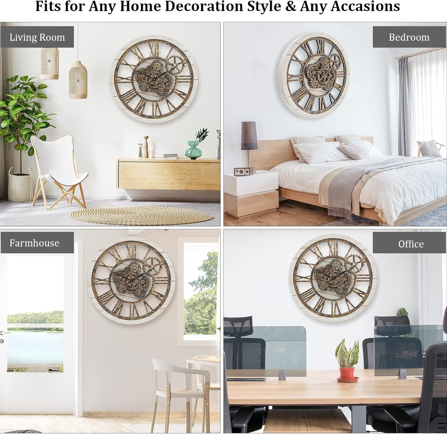 HOIBAI Wall Clock, 24 Inch Moving Gears Clock Large Wall Clock for Living Room Decor Rustic Vintage Industrial Steampunk Farmhouse Big Clock for Home Kitchen Bedroom Office