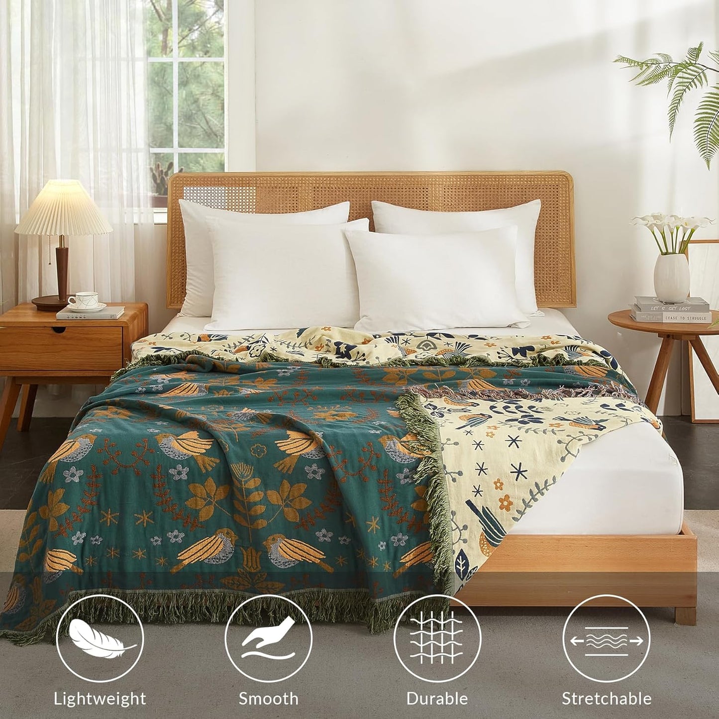 Boho Throw Blanket for Couch Sofa Bed, 100% Cotton Woven Quilt with Tassel 80”x90”, Super Soft Muslin Blanket with Bird Printed, Decorative Reversible Bed Blanket/Cover for All Seasons