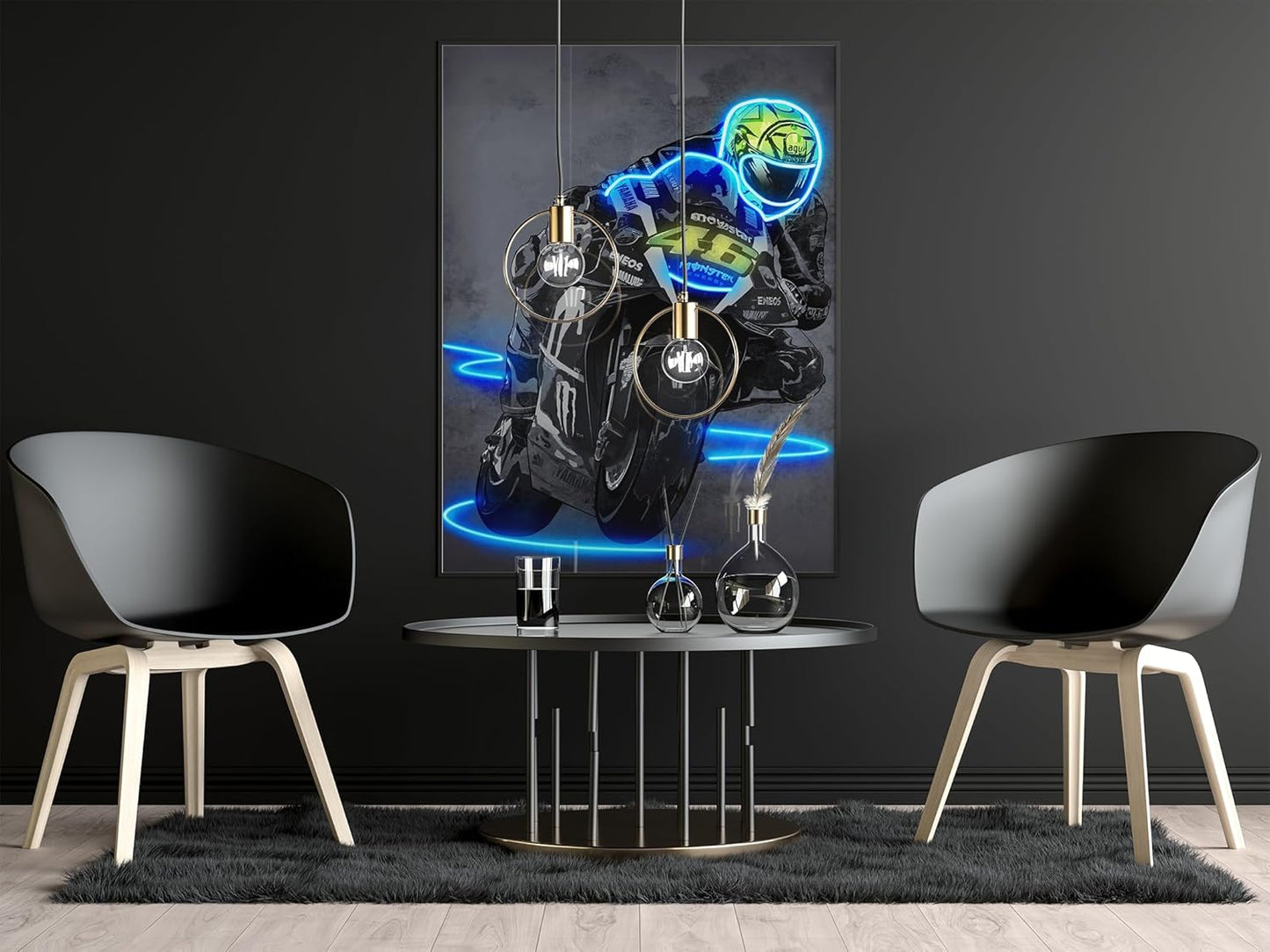 Sorventina Neon Style Blue #46 YZR-M1 Motorcycle Wall Art Posters - 16x24 Wrapped Canvas, Non-LED, Ideal Home Decor for Bedroom, Living Room, Office, Garage, or Man Cave