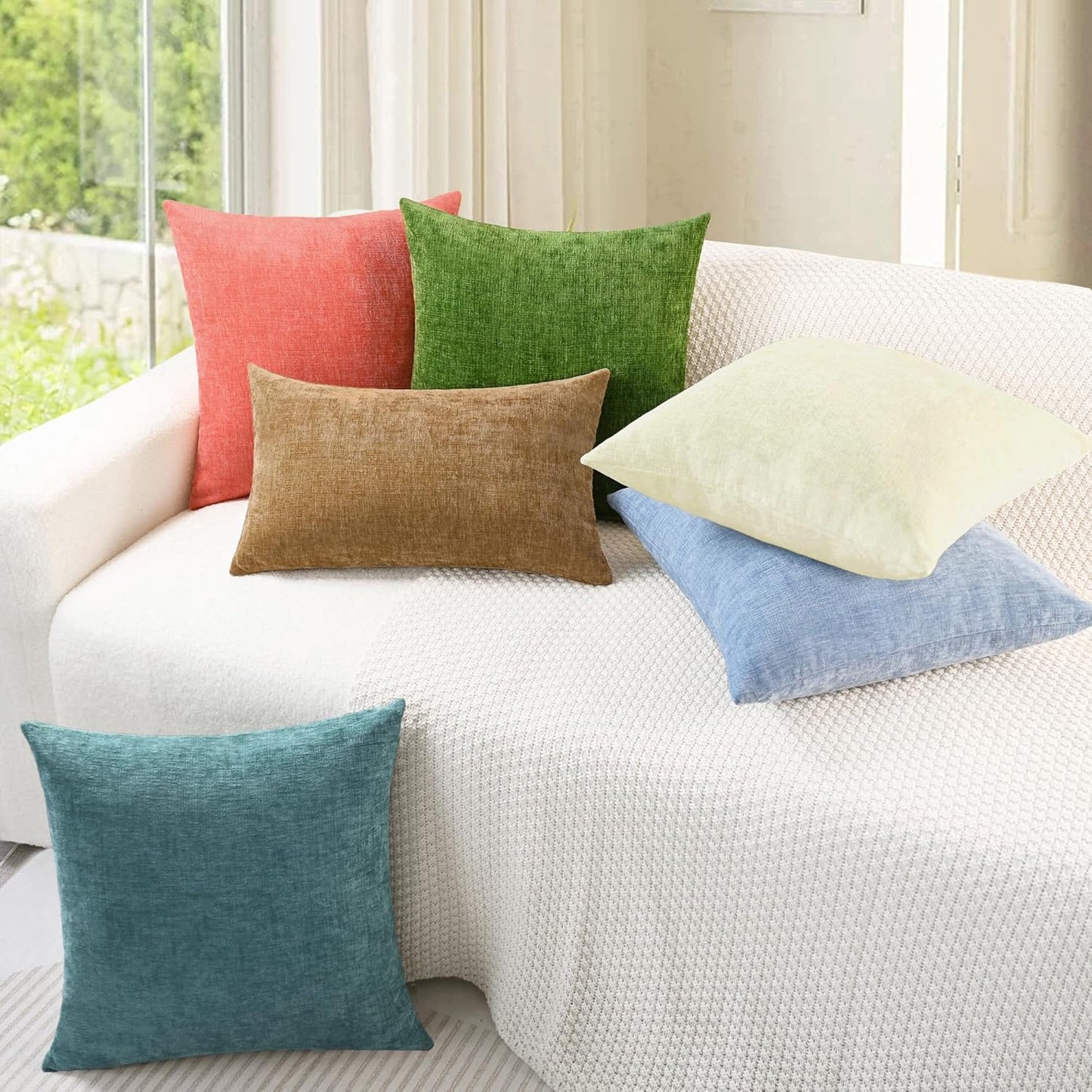 CaliTime Throw Pillow Covers Decorative 24 X 24 Inches Pack of 2 Cozy Chenille Cushion Cases for Couch Sofa Bed Living Room Home Beige