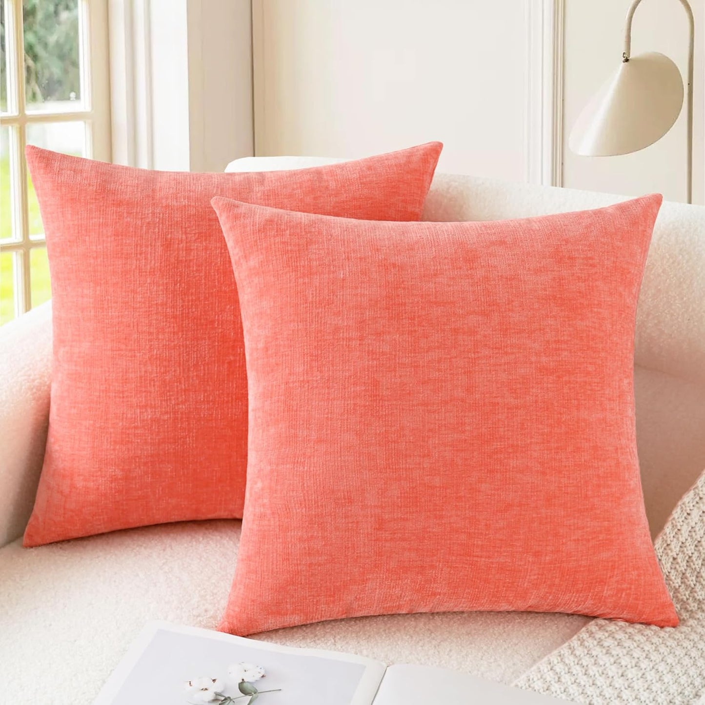 CaliTime Throw Pillow Covers Decorative 26 X 26 Inches Pack of 2 Cozy Chenille Cushion Cases for Couch Sofa Bed Living Room Home Living Coral