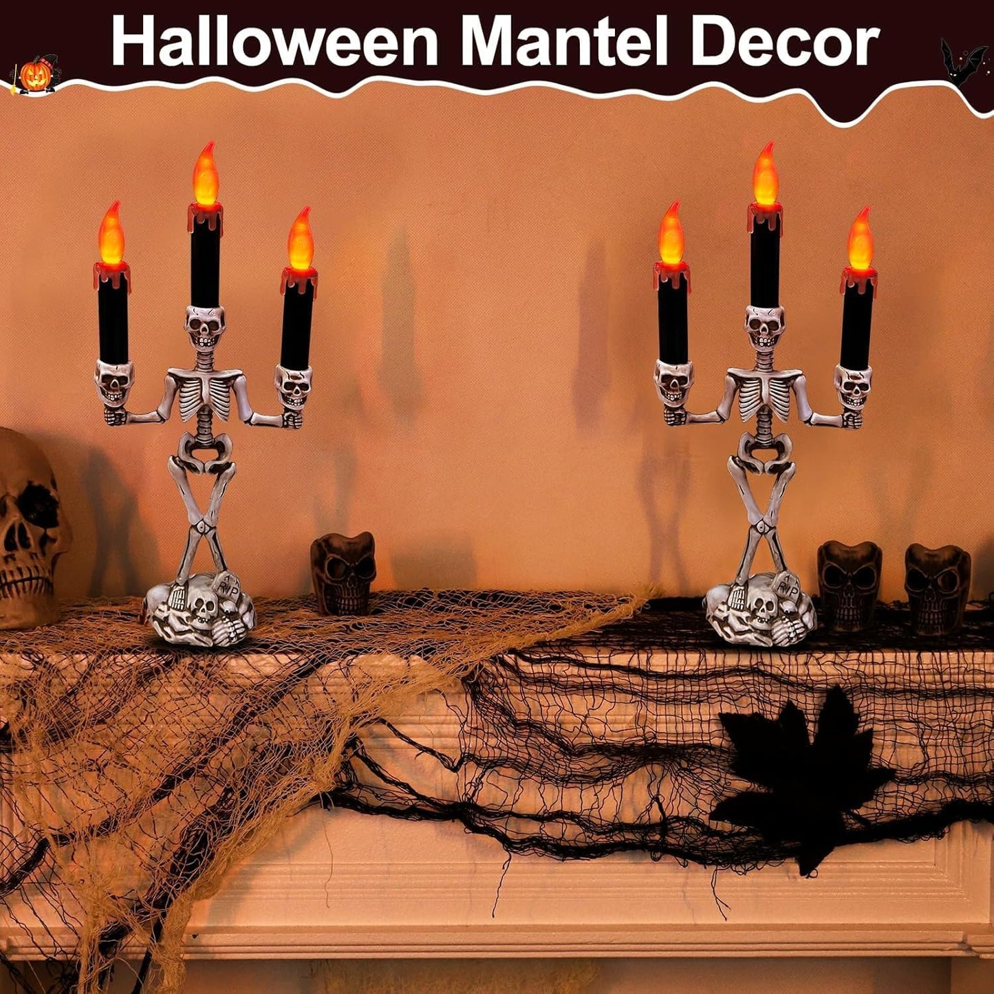 TURNMEON 2 Pack Halloween Candelabra with LED Flame Less Candles Holder Battery Operated Flickering Lights Skull Candles for Halloween Decorations Indoor Home Table Mantel Party Haunted Mansion Decor