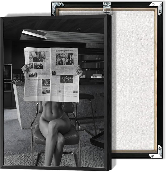 Sexy Glamorous Reader Poster Feminist Art Black and White Preppy Canvas wall art Retro Room Aesthetic Newspaper prints painting Trendy Naked Women Art wall decor 12x16in Framed