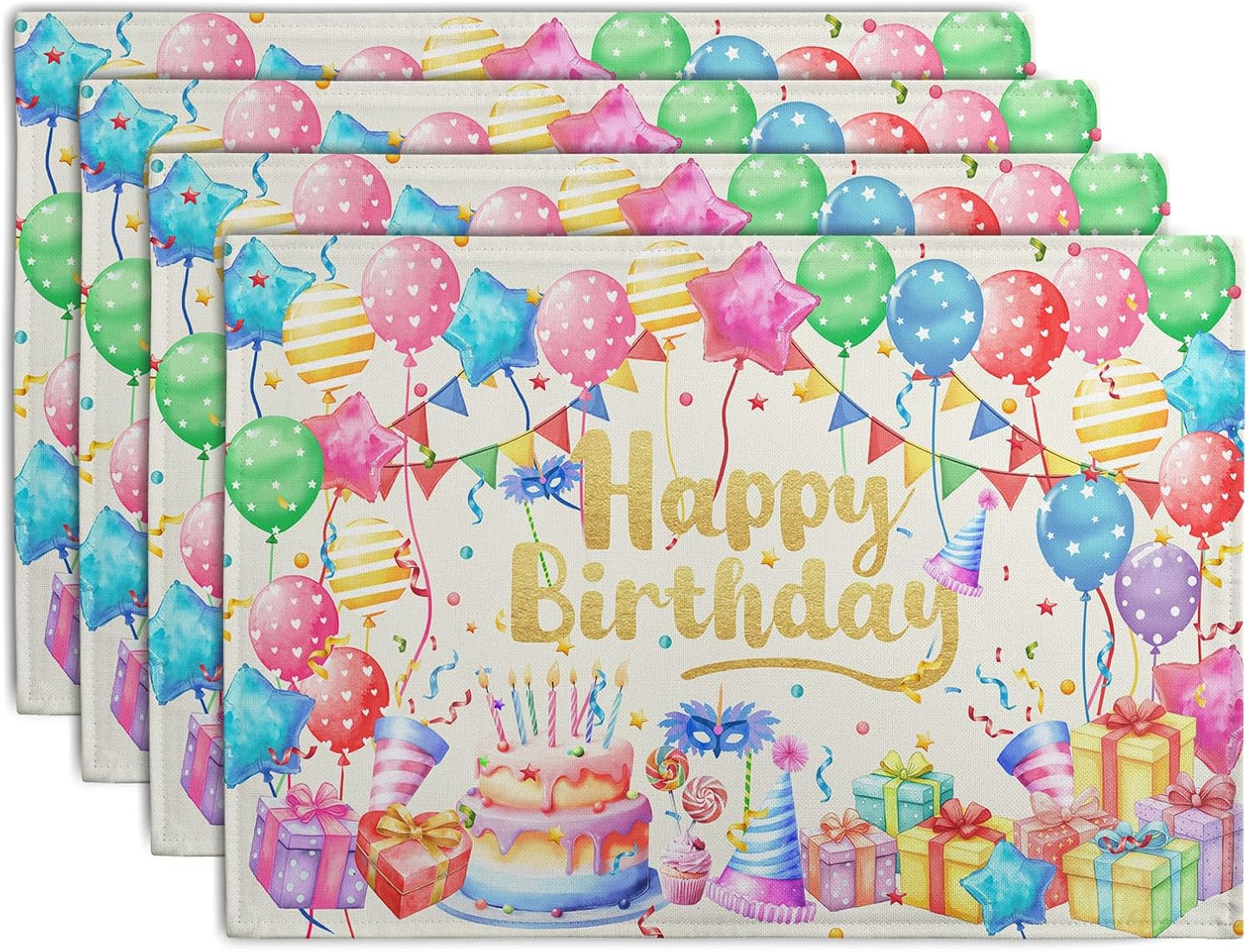 Happy Birthday Placemats Set of 4 Colorful Balloons Confetti Cake Linen Table Mats 12x18 Inch Birthday Party Place Mats for Kitchen Dining Outdoor Indoor Decorations