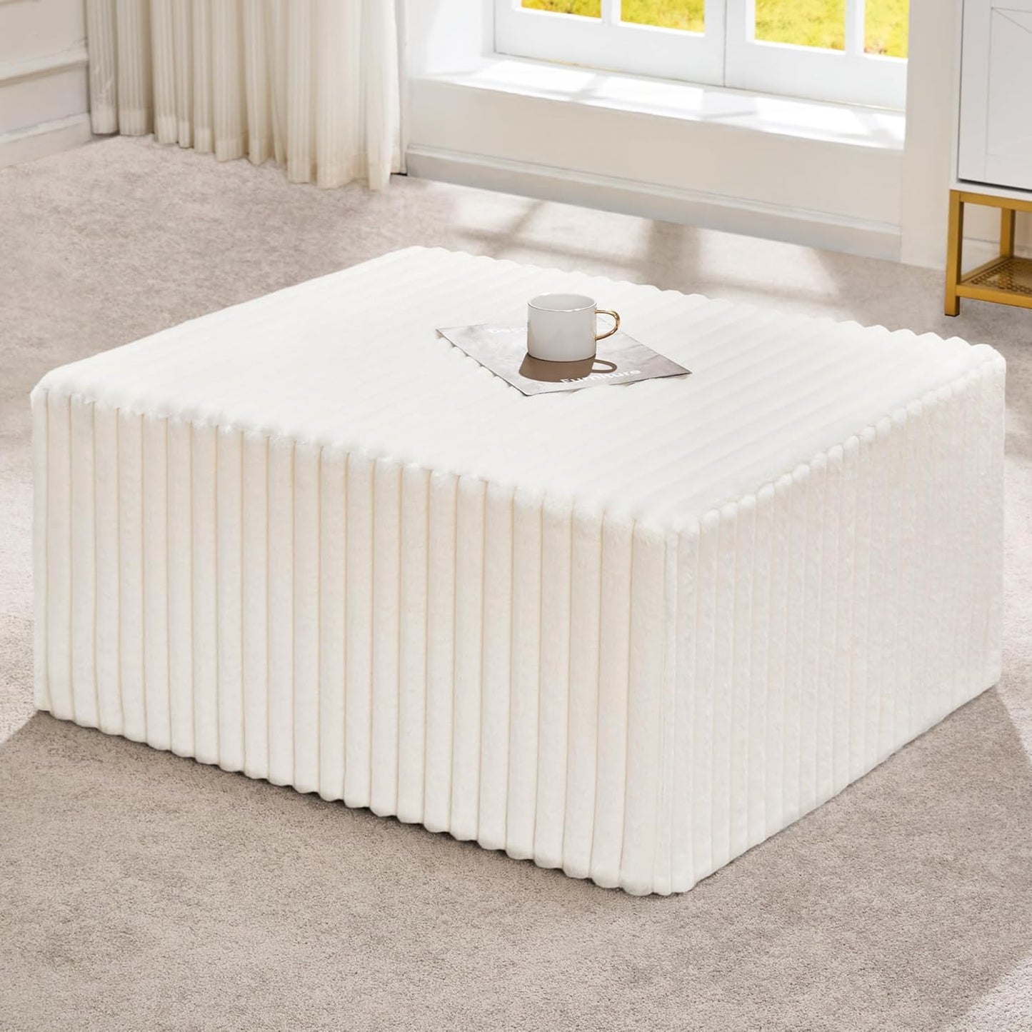 Hobestluk Rectangle Ottoman Memory Foam Footrest for Couch with Removable Cover Large Floor Seating for Adults Ottoman Coffee Table for Living Room, Bedroom or Office (Strip White, Footrest)