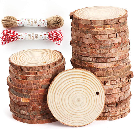 50Pcs Wood Slices 2.4"-2.8" Unfinished Wood Rounds with Pre-drilled Hole and 66Feet Twine String, Natural Wood for Crafts for Home Decor Painting DIY Christmas Ornaments Party Wedding Decor