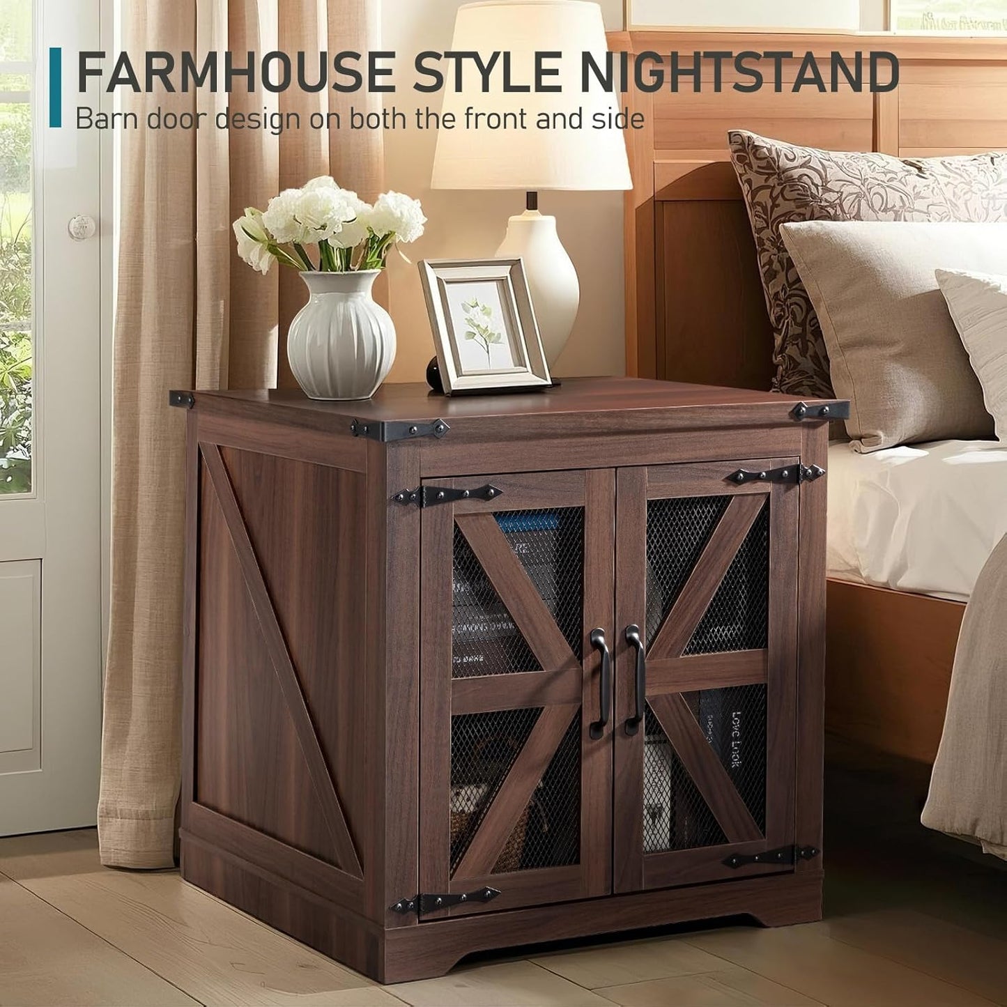 Farmhouse End Table, 24" Large Sofa Side Table with Charging Station, Mesh Barn Door, Rustic Wood Nightstand with Adjustable Storage Shelf, Square Nightstand for Living Room