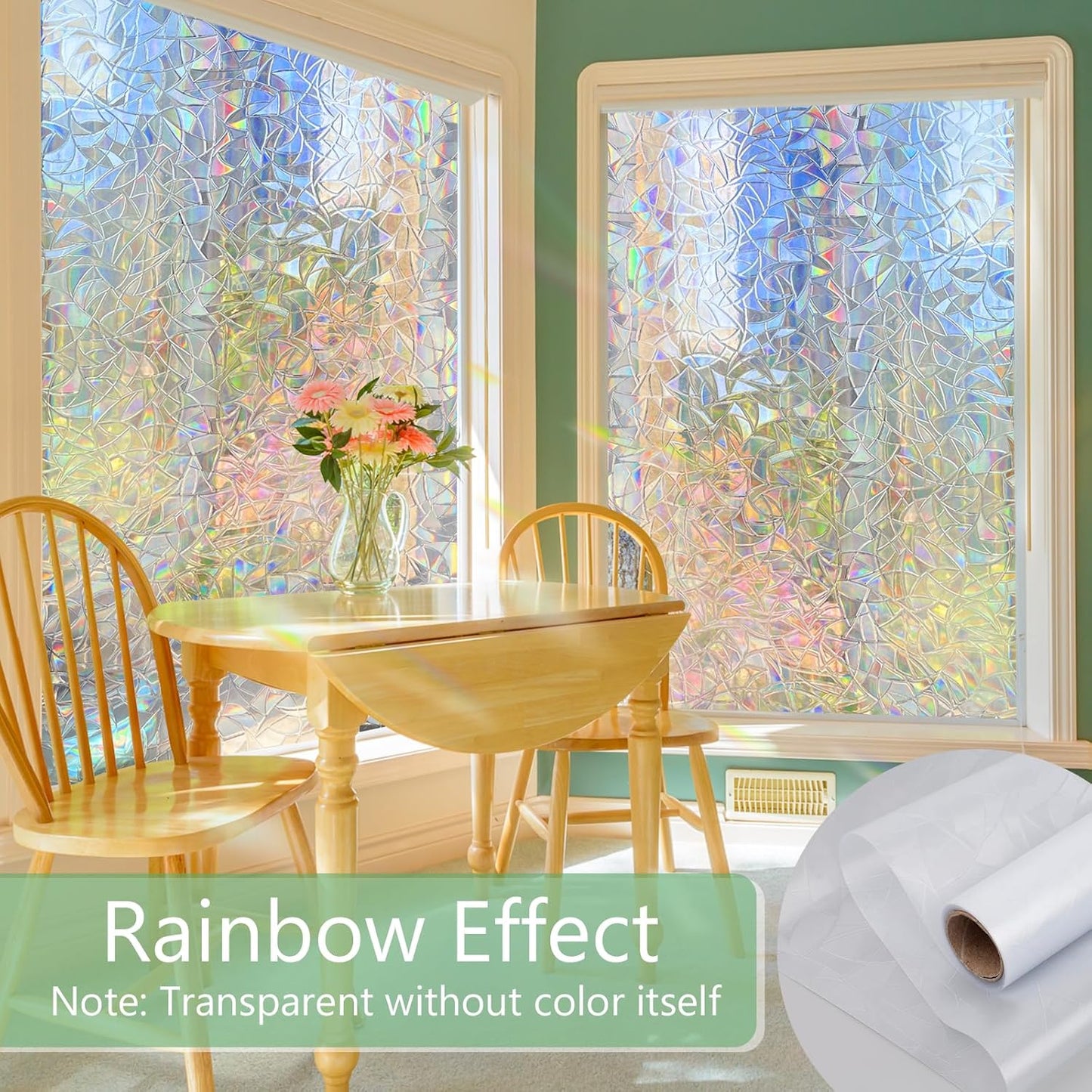 HIDBEA Window Privacy Film Static Clings, Rainbow Window Film, 3D Decals Non-Adhesive Window Vinyl Film for Home Door, 17.3 Inch x 6.5 Feet