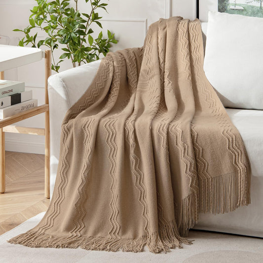 MIULEE Tan Taupe Knitted Throw Blanket for Couch Boho Textured Cozy Woven Blanket with Tassels for Sofa Chair Bed Living Room Farmhouse Home Decor Acrylic Wave Pattern 50"x60"