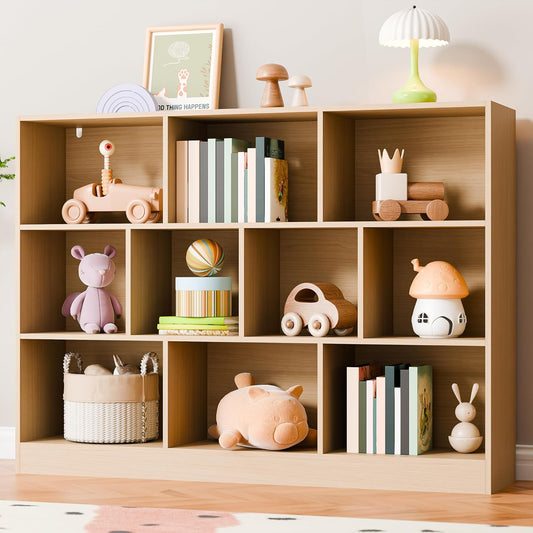 Cozy Castle Oak Bookshelf, 3-Tier Open Shelf Bookcase, 10 Cube Storage Organizer with Anti-Tilt Device, Freestanding Horizontal Bookshelf Cube Shelf for Bedroom, Living Room