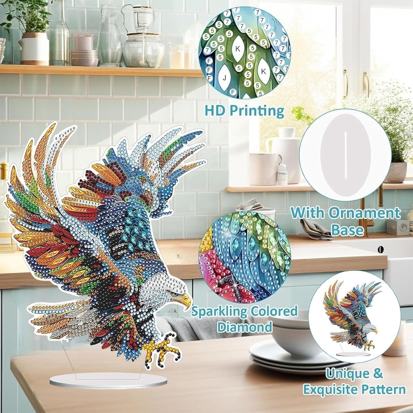 Diamond Painting Kits for Adults Beginners, 5D Full Drill Eagle Crystal Art Desktop Ornament, DIY Single Sided Home Office Desk Decor, Creative Craft Gift Set with Tools