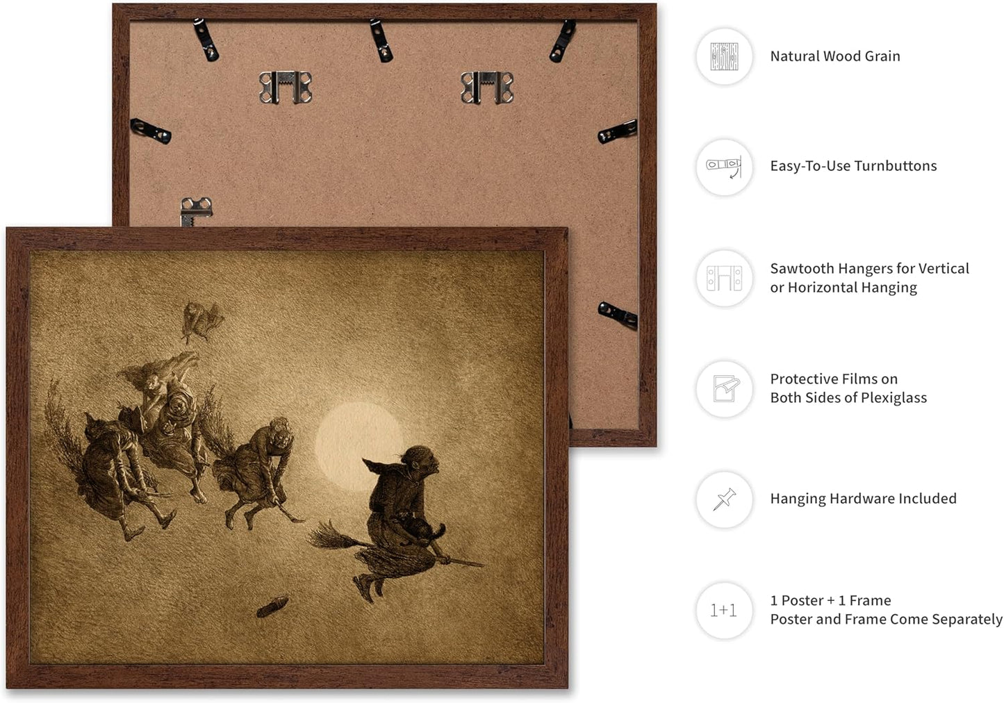 Poster Master Vintage William Holbrook Beard Poster - Retro Occult Print - Gift for Gothic, Horror Fan - The Witches Ride, Pagan, Goth, Magic - Wall Decor for Bedroom, Dorm, 8x10 Brown Framed