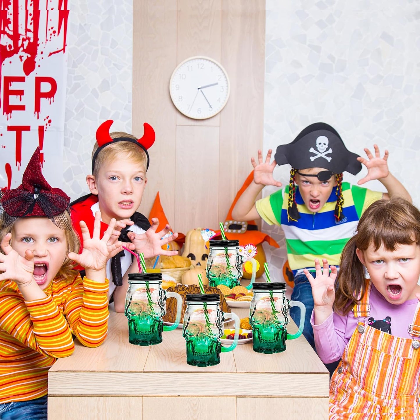 Halloween Cups Set of 4 - Green Skull Glass Drinking Jar with Lids and Straws - Halloween Decor, Drinking Glasses 16 oz