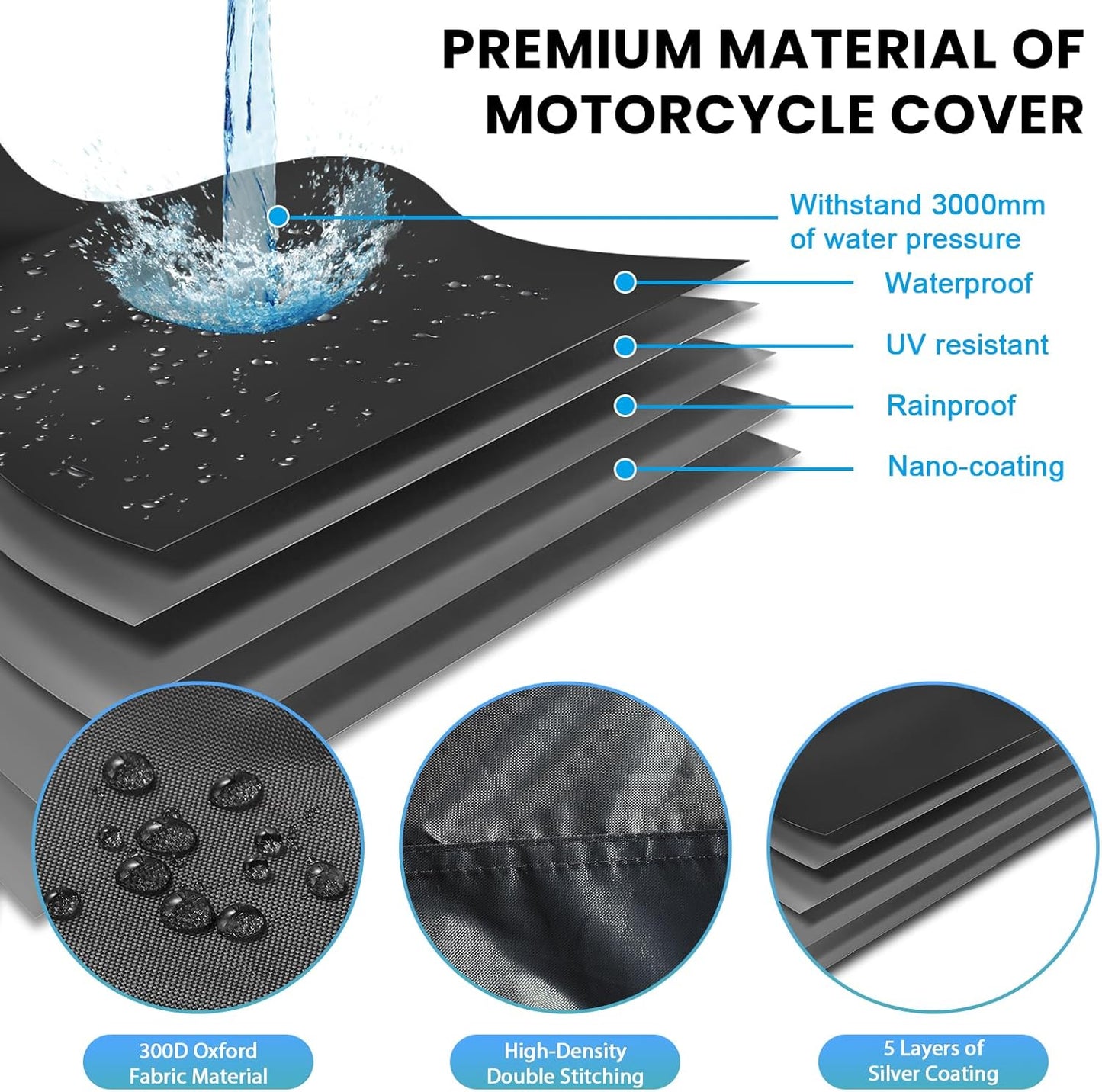 Motorbike Cover Waterproof Outdoor, Motorcycle Scooter Moped Rain Dust Cover with 5 Reflective Strips and 2 Windproof Buckles, 2 Lock-Holes fits Cruisers Sportbikes (1XL: 91 x 35 x 49 inch)