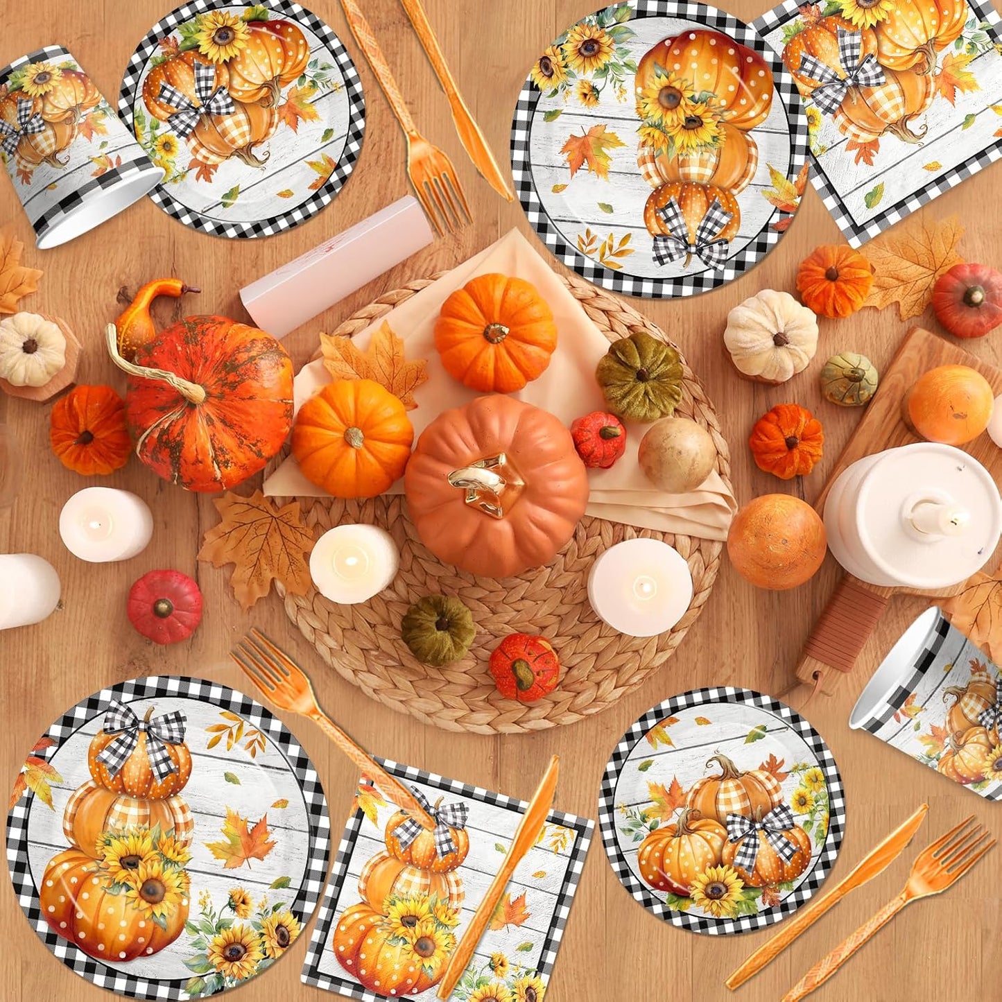 Fall Party Decorations,144Pcs Fall Thanksgiving Tableware Set Includes Plates,Napkins,Knife,Fork Black and White Buffalo Plaid Pumpkin Theme Decorations for Autumn Harvest,Thanksgiving Day