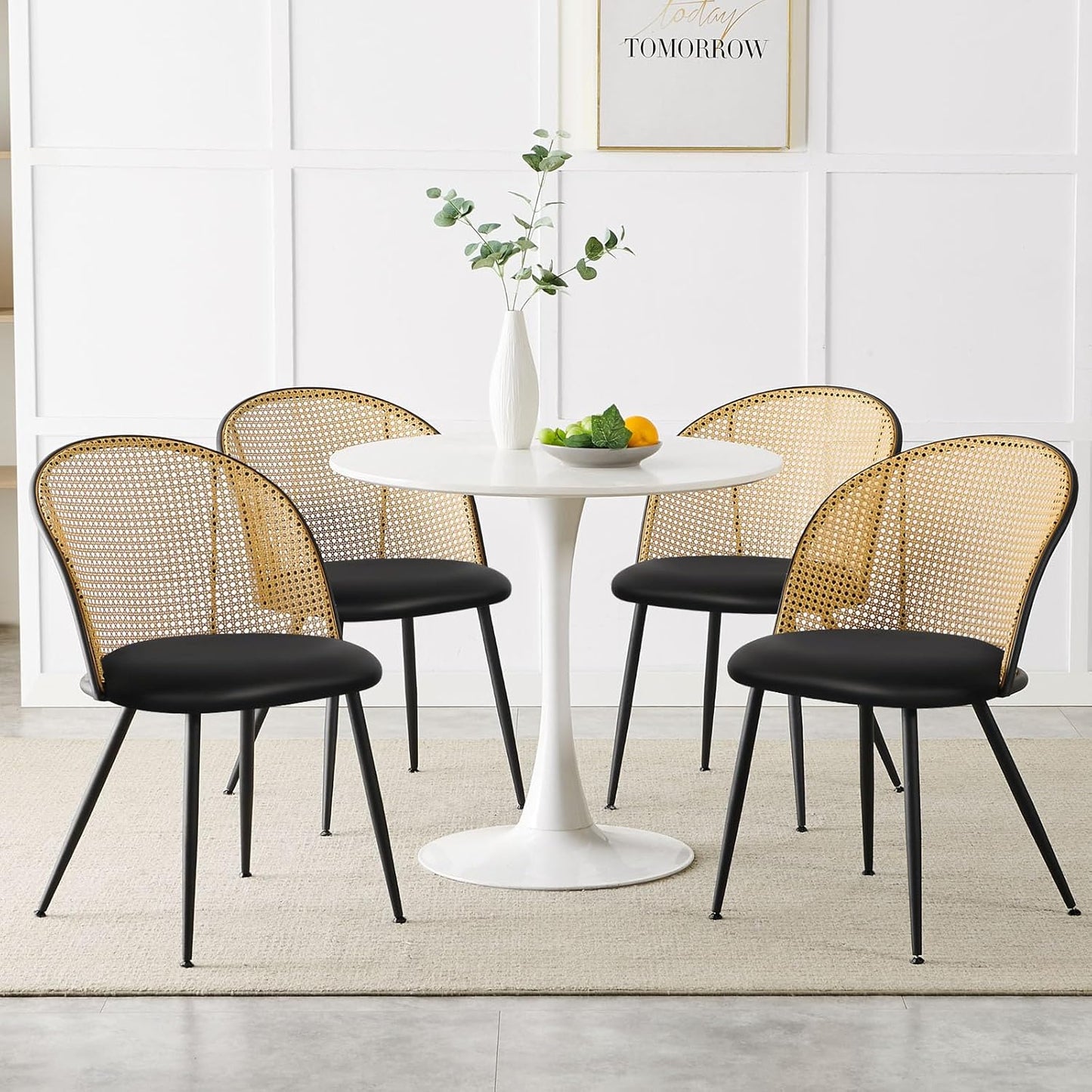 Dining Chairs Set of 4, Mid Century Modern Dining Room Chairs with Full Rattan Back, Faux Leather Kitchen Dining Chairs Farmhouse Armless Mesh Cane Back Side Chairs with Metal Legs, Black