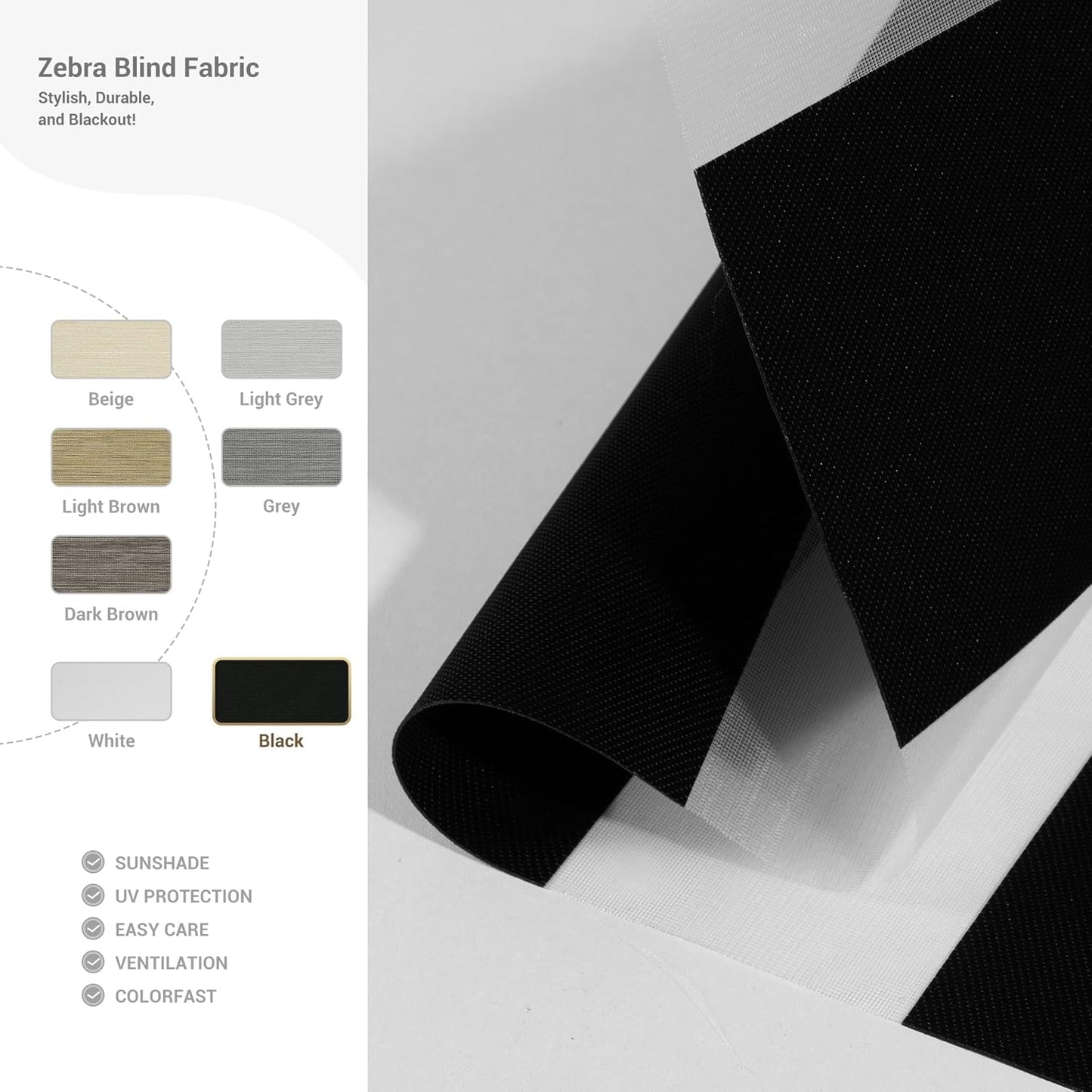 Cordless Zebra Blinds for Windows, Blackout Interior Blinds,Easy to Install,UV Protection,for Offices and Home,Custom Roller Shades, Solid Black, 43" W x 56" H