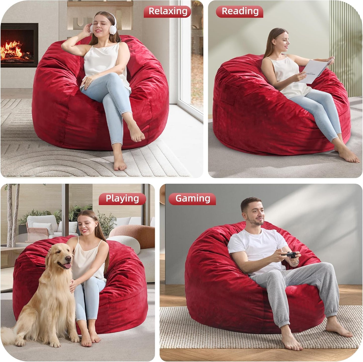Hobestluk 4FT Bean Bag Chair Giant Bean Bag Chairs for Adults Large Bean Chairs with Removable Cover, Beanbag Chair with Filler, Adult Bean Bag Chairs for Living Room, Bedroom
