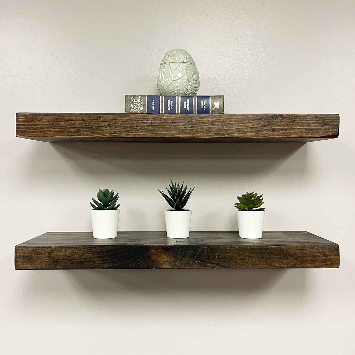 URBANDI, Rustic Floating Shelves, Set of 2, Hidden Bracket, Solid Wood, Heavy Duty, Wall Mounted Shelves, (Dark Brown, 24Wx8D)