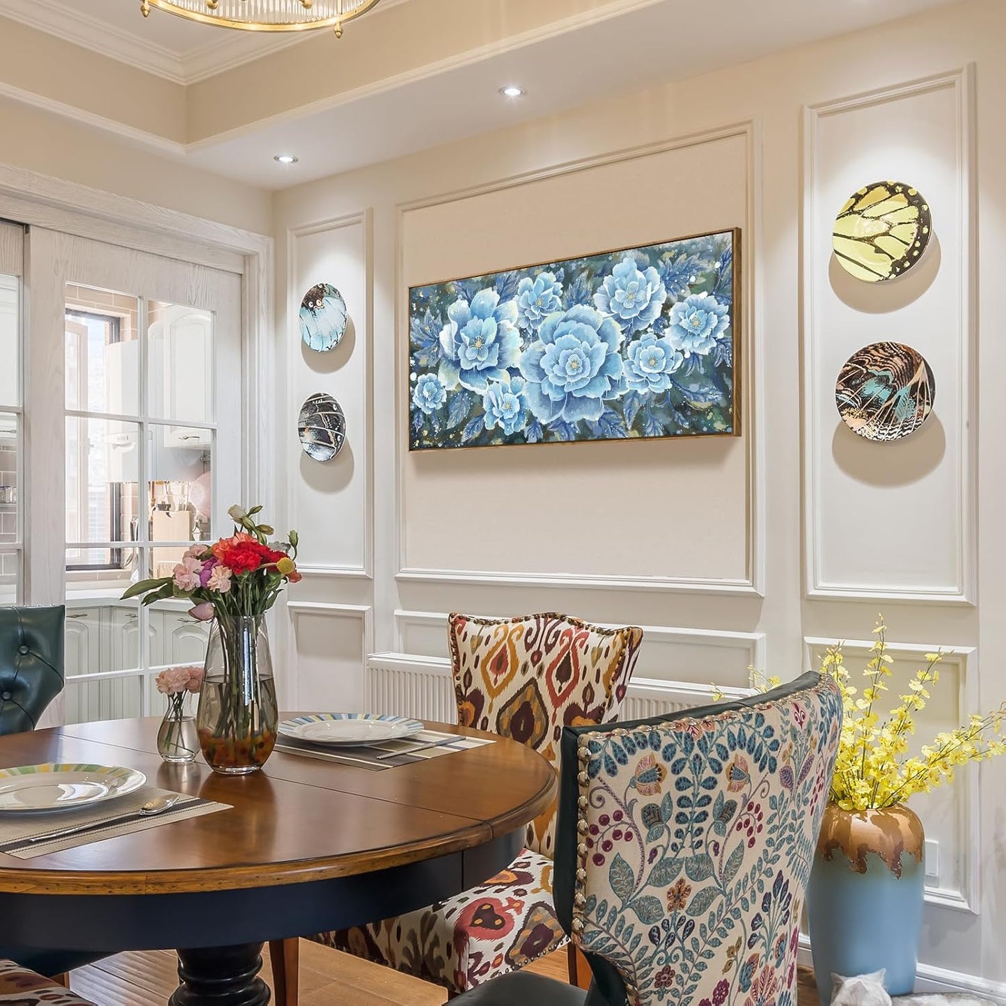 Large Blue Wall Art Decor Modern Framed Wall Picture for Living Room Bedroom Office Decor Floral Canvas Art Prints Botanical Wall Picture Abstract Peony Flower Horizontal Artwork Ready to Hang 48x24