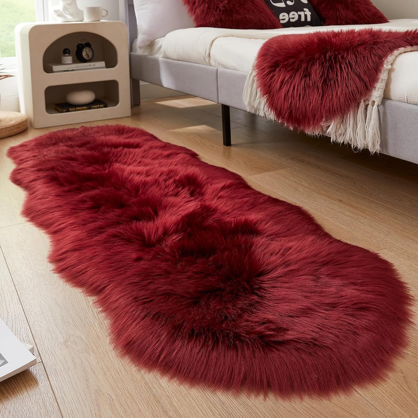 AMTOVO Faux Sheepskin Rug, Burgundy Ultra Soft Fluffy Shag Area Rug, 2 x 6 ft Faux Fur Rug for Bedroom Sofa Throw Cushion Room Decor, Sheepskin