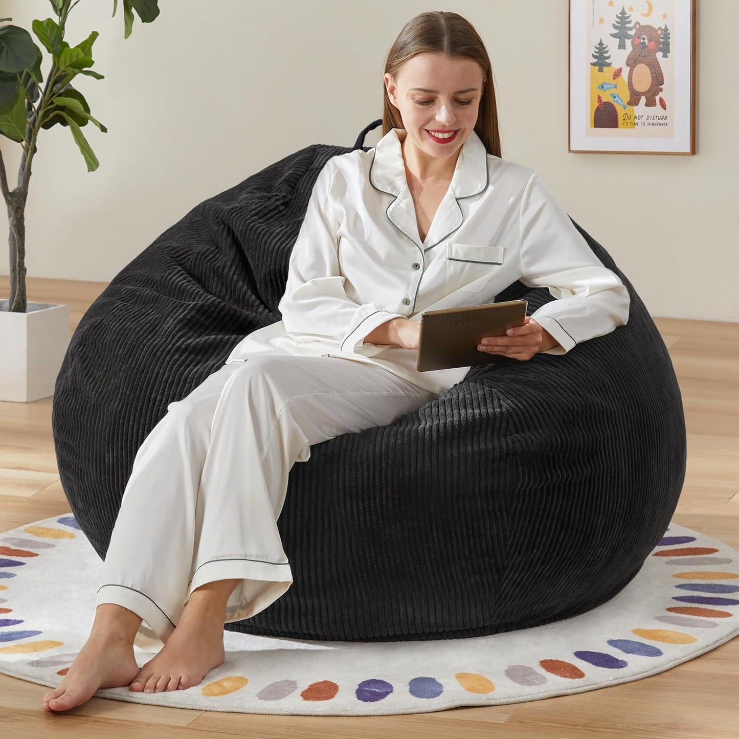 Hobestluk 3.5FT Bean Bag Chair Adult Bean Bag Chair Large Bean Bag Chair with Filler Included Teardrop Bean Bag with Removable Cover for Bedroom Living Room - (Large, Black)