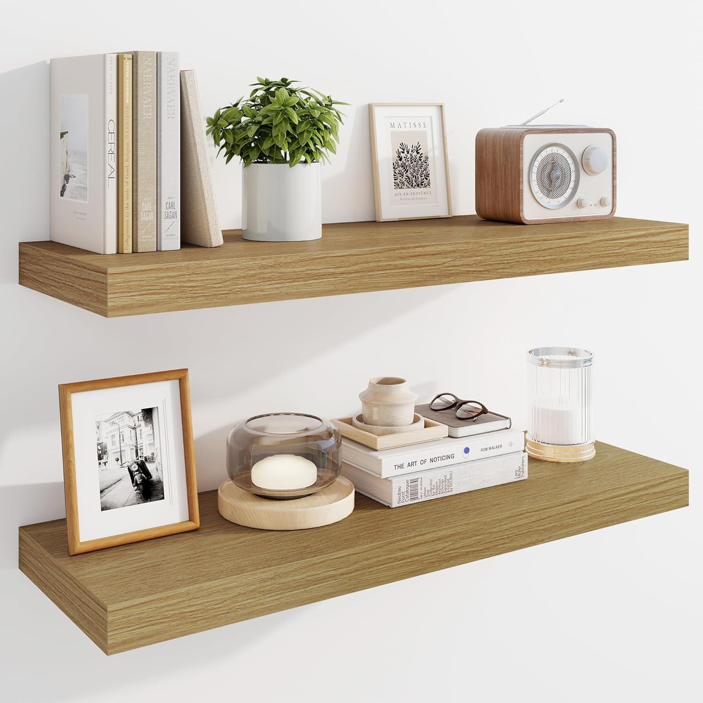 Marsmiles 30" Floating Shelves for Wall, Wooden Shelves with Invisible Brackets Set of 2, Rustic Farmhouse Wall Mounted Shelf for Kitchen Bathroom Living Room Study, Natural Oak